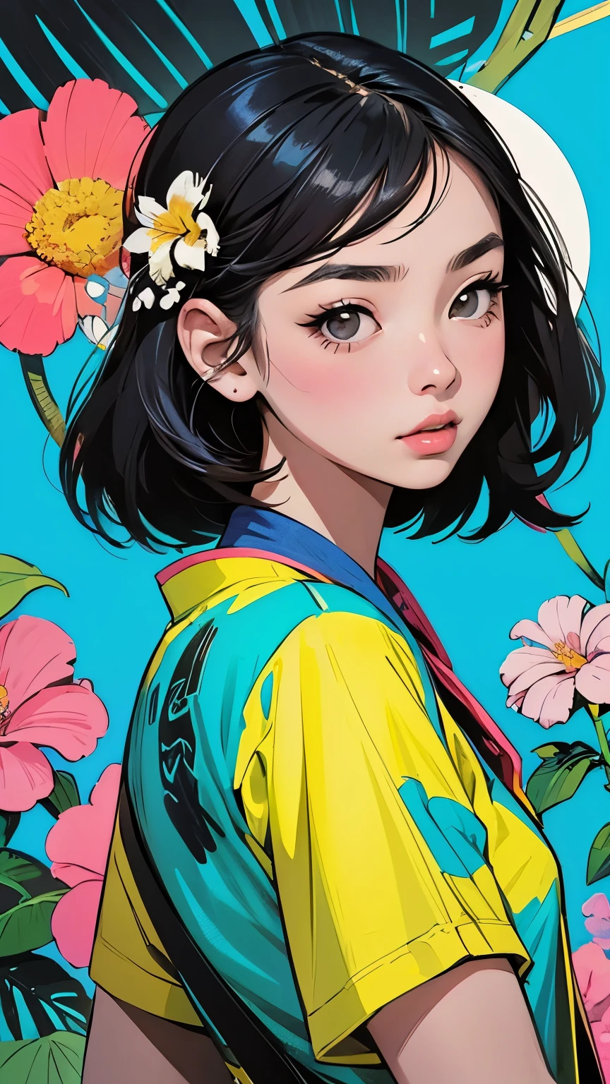 Create digital artwork in pop art, Featuring a bright and confident young asian girl，Street fashion, Movie Color Scheme, Surrounded by vintage floral motifs, Bright brush strokes,Emotions should be dynamic, upper-body, Drawing, illustartion, Grayscale, tropical, lots of flowers,