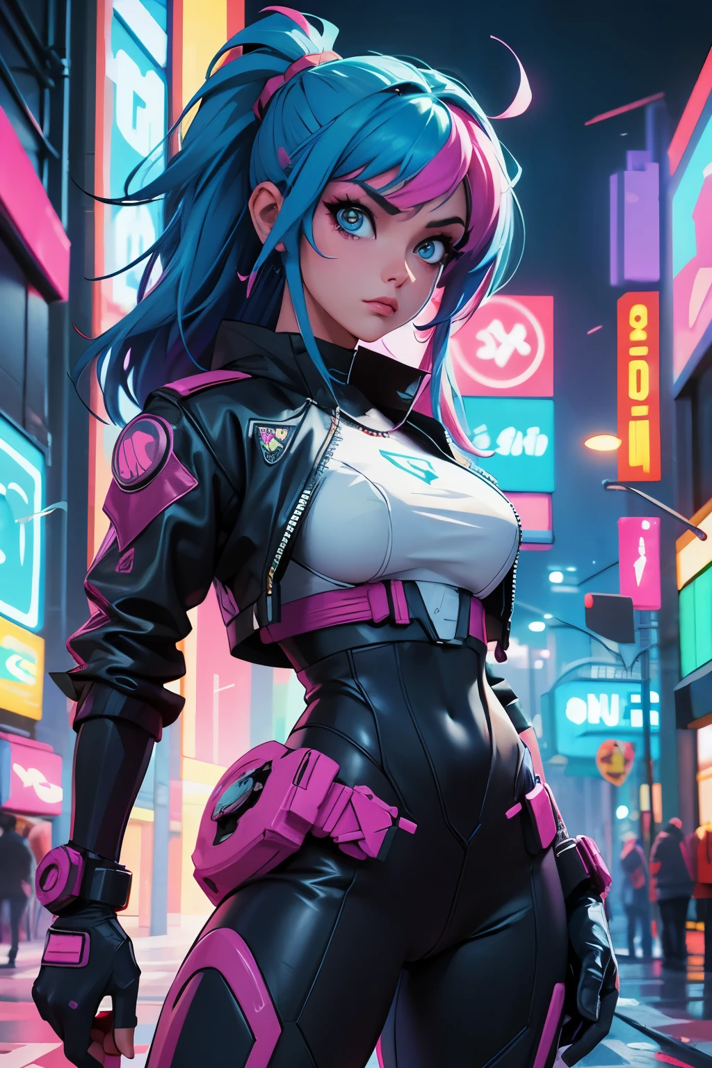 Mulher com estilo cyberpunk, trajes neon coloridas, em uma cidade cyberpunk, com cores vivas, cores frias, melhor qualidade, muitos detalhes, linda mulher morena, segurando espadas de ninja. dynamic pose 