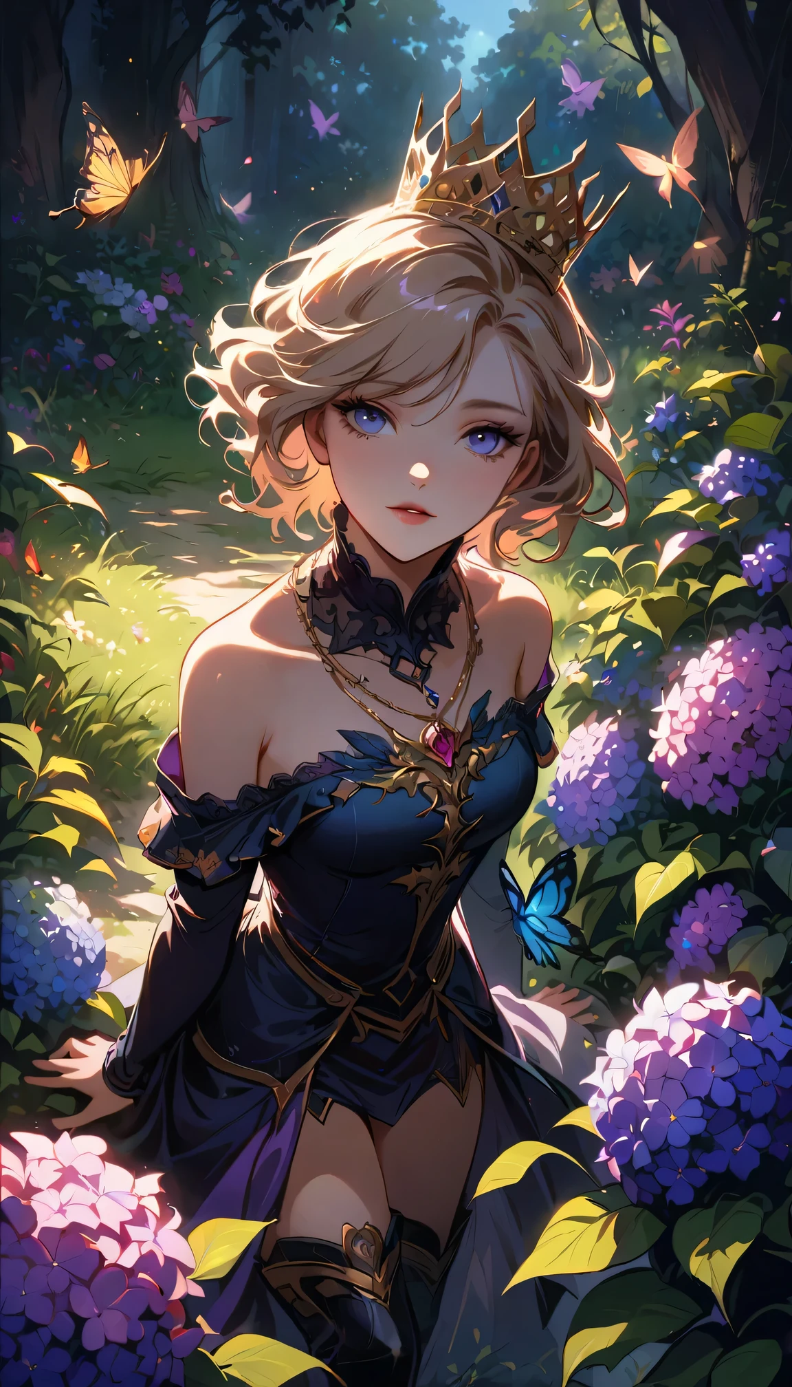 ((Extreme details)),(Super detailed), Chiaroscuro, Extremely detailed CG Unity 8K wallpaper, Gwendolyn, feather, Off the shoulder dress, crown, Separate sleeves, Necklace, armored thigh boots, feather bun, Facing forward, Looking at the audience, Butterfly, Grass, Hydrangea, Yoko, nature, plant, Look away, look up, from above,