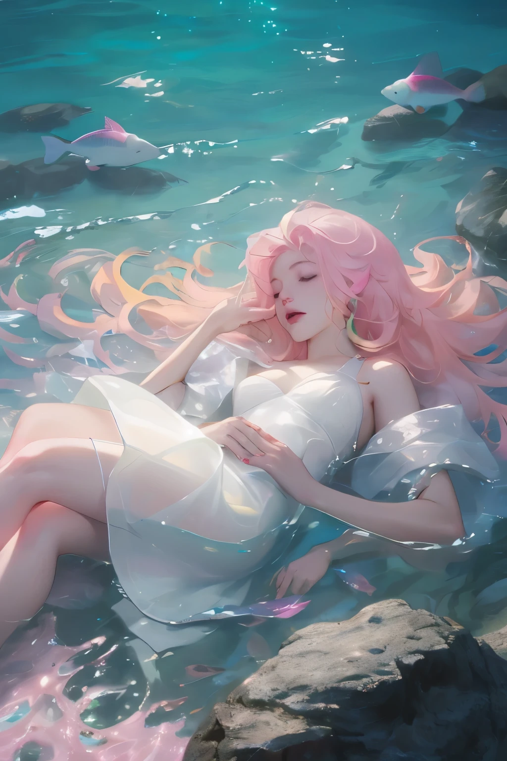 （（upscale，16K，masterpiece：1.3）），（Beautiful woman，，Sleep at the bottom of the sea，Dark ocean landscape，White Dress），pink and green，rich and colorful，Flowing hair，(High Saturation),(rich and colorful splash),Colored bubbles,(shining)，Lying on a large rock
