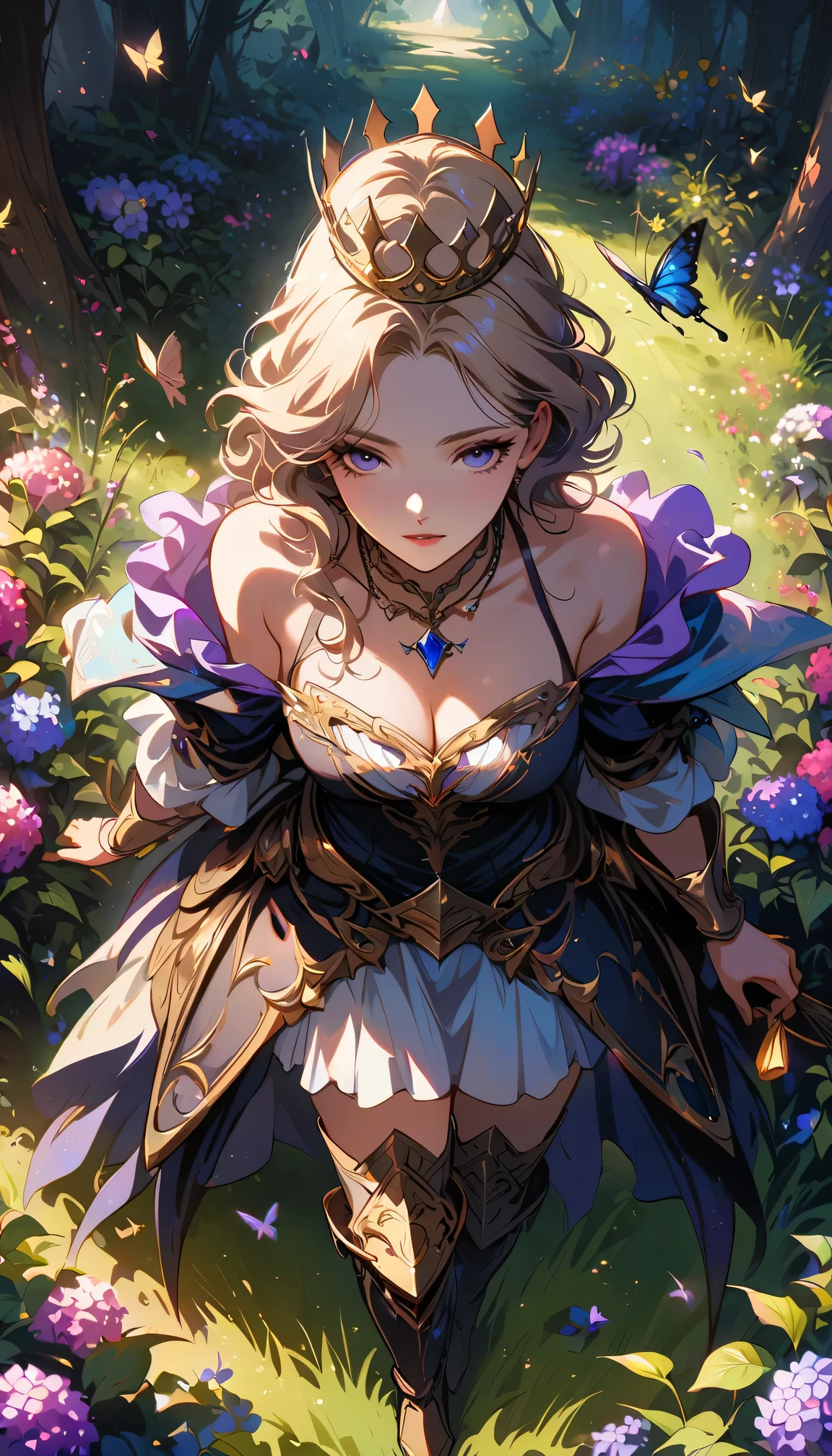 ((Extreme details)),(Super detailed), Chiaroscuro, Extremely detailed CG Unity 8K wallpaper, Gwendolyn, feather,  Off the shoulder dress, crown, Separate sleeves, Necklace, armored thigh boots, feather bun, Facing forward, Looking at the audience, Butterfly, Grass, Hydrangea, Yoko,  nature, plant, Look away, look up, from above,