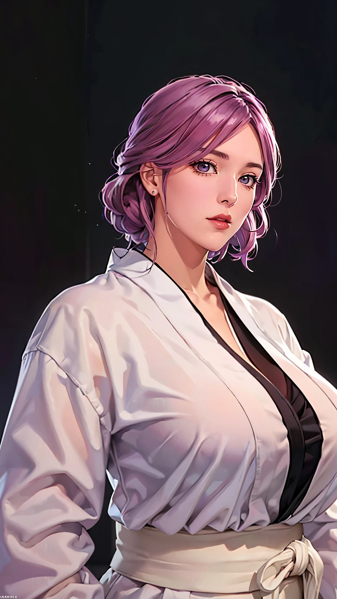 （（（完美figure，figure，solo， （（（white coat, black robes，japanese clothes，kimono））），（（（hikifune kirio, purple hair，lipstick，makeup））），((masterpiece)),high resolution, ((Best quality at best))，masterpiece，quality，Best quality，（（（ Exquisite facial features，Looking at the audience,There is light in the eyes，(（（lol，confidence））)，））），型figure:1.7））），（（（Light and shadow，Huge breasts））），（（（Looking at the camera，black background，）））