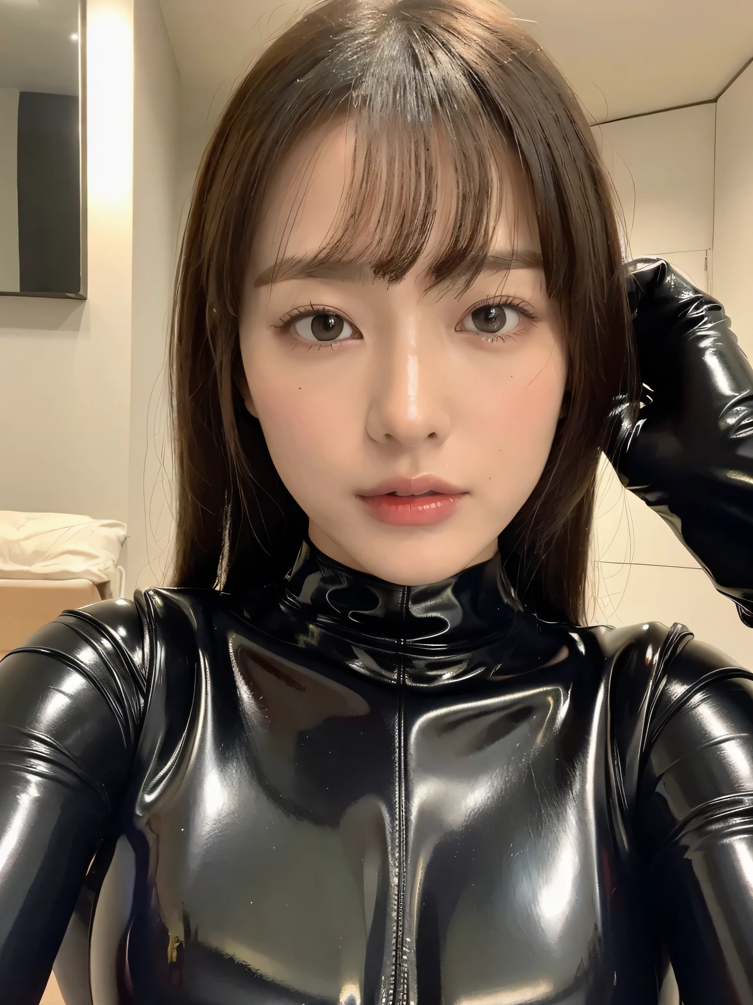 ((highest quality, 8k, masterpiece: 1.3)), One girl, The beauty of slim abs, Very beautiful face, Delicate eyes, double eyelid, Latex suit, Big Breasts, Queen, Bondage, Oiled clothes, Shiny skin, Glowing Face, Covered in a rubber suit, Sexy rubber suit, Oily skin, Oily gloss, perfect body, Cool Beauty, Ultra-realistic, Realistic, sexy, Horikita Maki, Japanese, Beauty, Well-formed face, Glossy face, Shiny Costumes