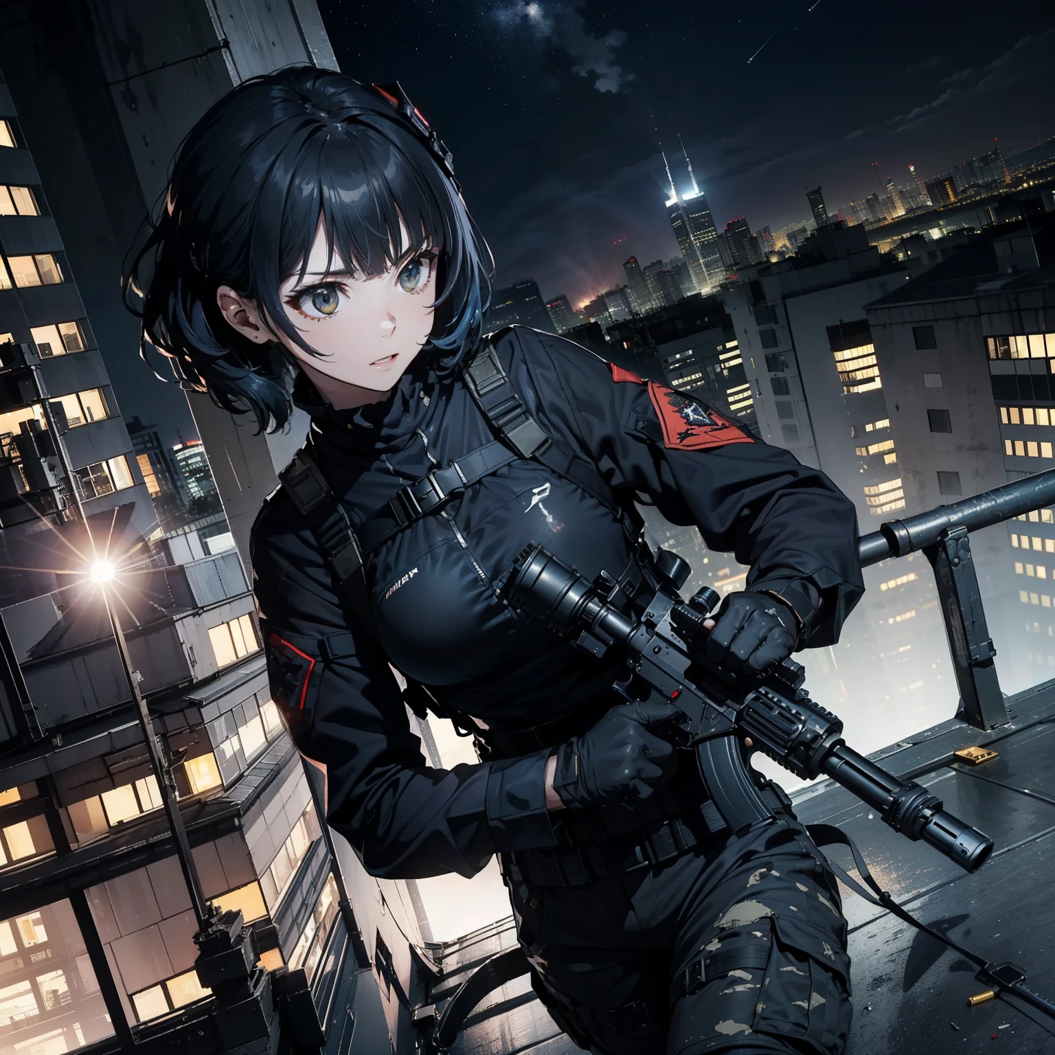 (Trained female soldiers)、((Aim and fire your rifle:1.4、Sniper stance、guns、h&K HK416))、1 Women、Serious look、thick body、(Black combat uniform)、(blue-hair:1.2)、((超A high resolution))、Detail Write、masterpiece、top-quality、extremely details CG、8K picture quality、Cinematographic lighting、lensflare、(Skyscraper rooftop at night:1.4)、Hyper-detailing、((Dynamic Angle Bust Shots:1.4))、Detailed firearm depiction、Rifle with perfect detail、Perfect barrel that does not distort、Combat helicopter flying in the night sky