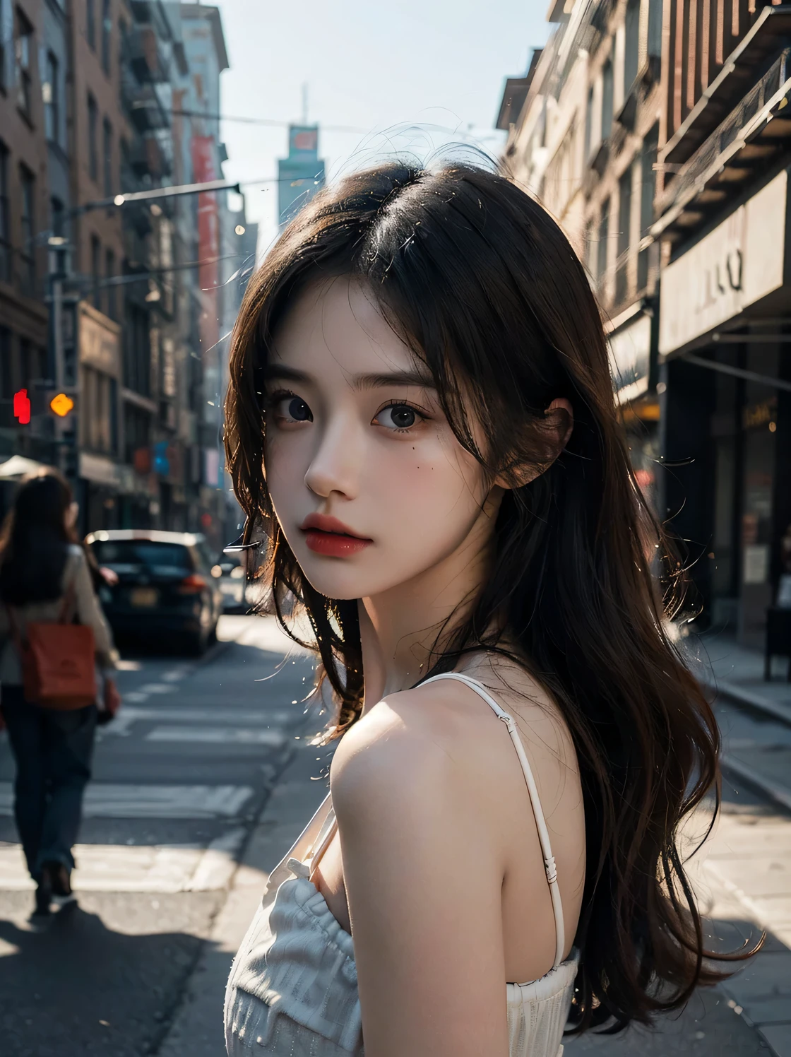 1girl, (looking at viewer:1.2), detail face, (a girl standing, rending on cgsociety, black shadows, streaming, new york backdrop), romanticism, atmospheric, (RAW photo, best quality), (realistic, photo-realistic:1.3), masterpiece, an extremely delicate and beautiful, extremely detailed,
