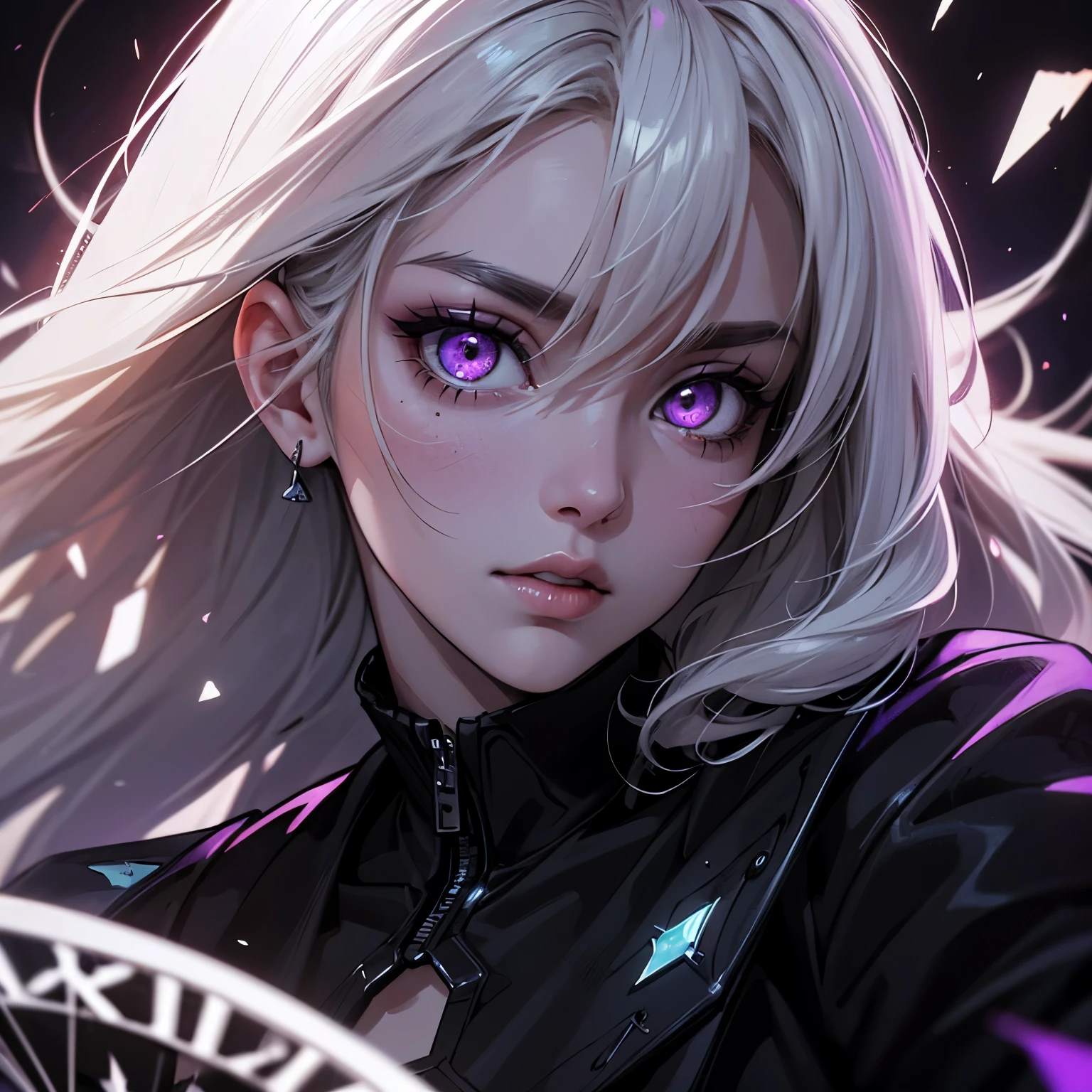 (masterpiece, best quality, ultra-detailed, best shadow), (detailed background,dark fantasy), (beautiful detailed face), high contrast, (best illumination, an extremely delicate and beautiful), ((cinematic light)), colorful, hyper detail, dramatic light, intricate details, (1girl, solo,white hair, sharp face,purple eyes, hair between eyes,dynamic angle), blood splatter, swirling black light around the character, depth of field,black light particles,(broken glass),magic circle,