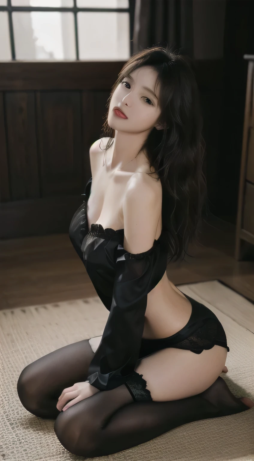 Photorealistic :2.0, masterpiece :1.3, best quality, high resolution, a girl, cute, big breasts, kneel on the ground, brown long wave hair, full body, cowboy shot, off shoulder, Japanese woman, black negligee, Intricate details,Detailed Shadows,A fantastic atmosphere,Dark Background,Shadow effects,Localized Light,Pure and beautiful girl,Individual Presentations,Delicate and detailed face and eyes,True skin fit,Clavicle Chain,black stockings,Short Silk Skirt,Sexy back,Backward view,Bedroom Background,