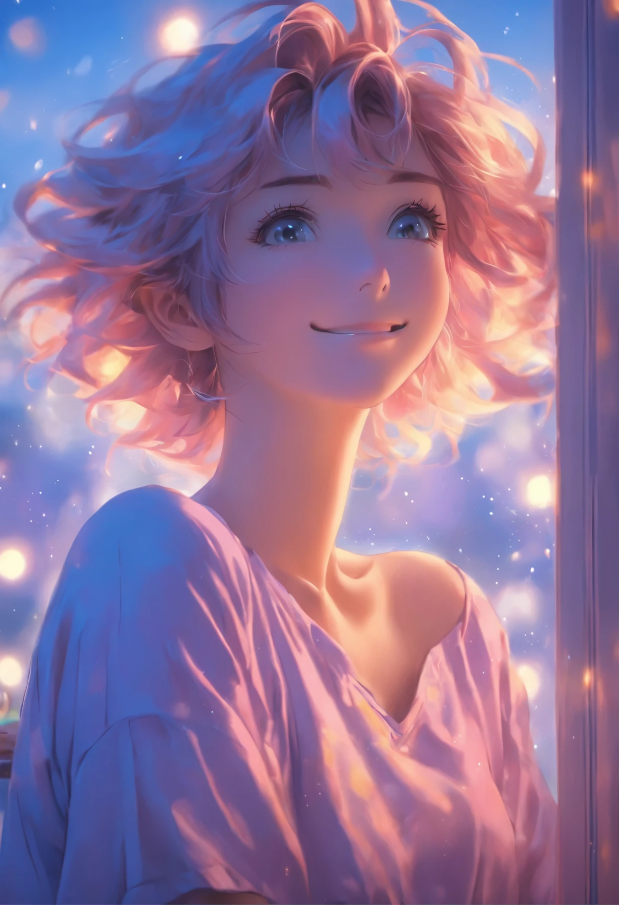 (Higher resolution, Clearly_image) best quality, A woman, masterpiece, Very detailed, Semi-realistic, 21 years old, fair, young, Handsome, t-shirt, Lilac shirt, Collar around the neck, Internal, modern room, window, wake up, morning, blush, Smile