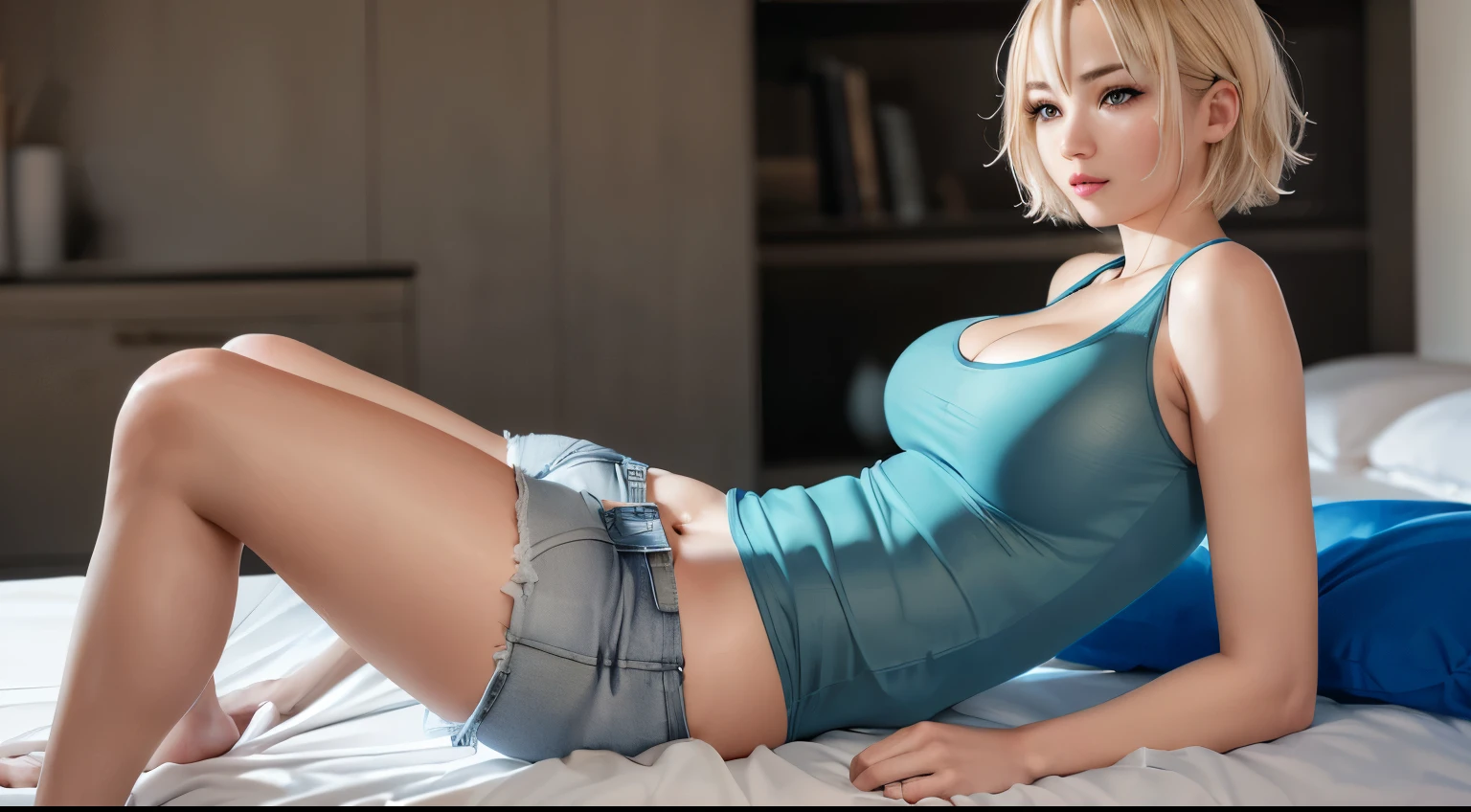 (ultra realistic, highly detailed:1.4), best quality, (full body shot, sitting), masterpiece
girl, tall asian woman, gray tank top, short messy blonde hair, lying in bed, (sfw massive breasts, cleavage), ((longtorso, ltso):1.15), tall