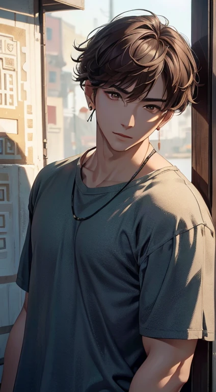 (High resolution、Super detailed)、masterpiece、highest quality、male 、solo、Handsome、short hair、Brown hairy eyes and detailed face、Casual clothing、True Shadow、joy、Connect your ears、Upper body、