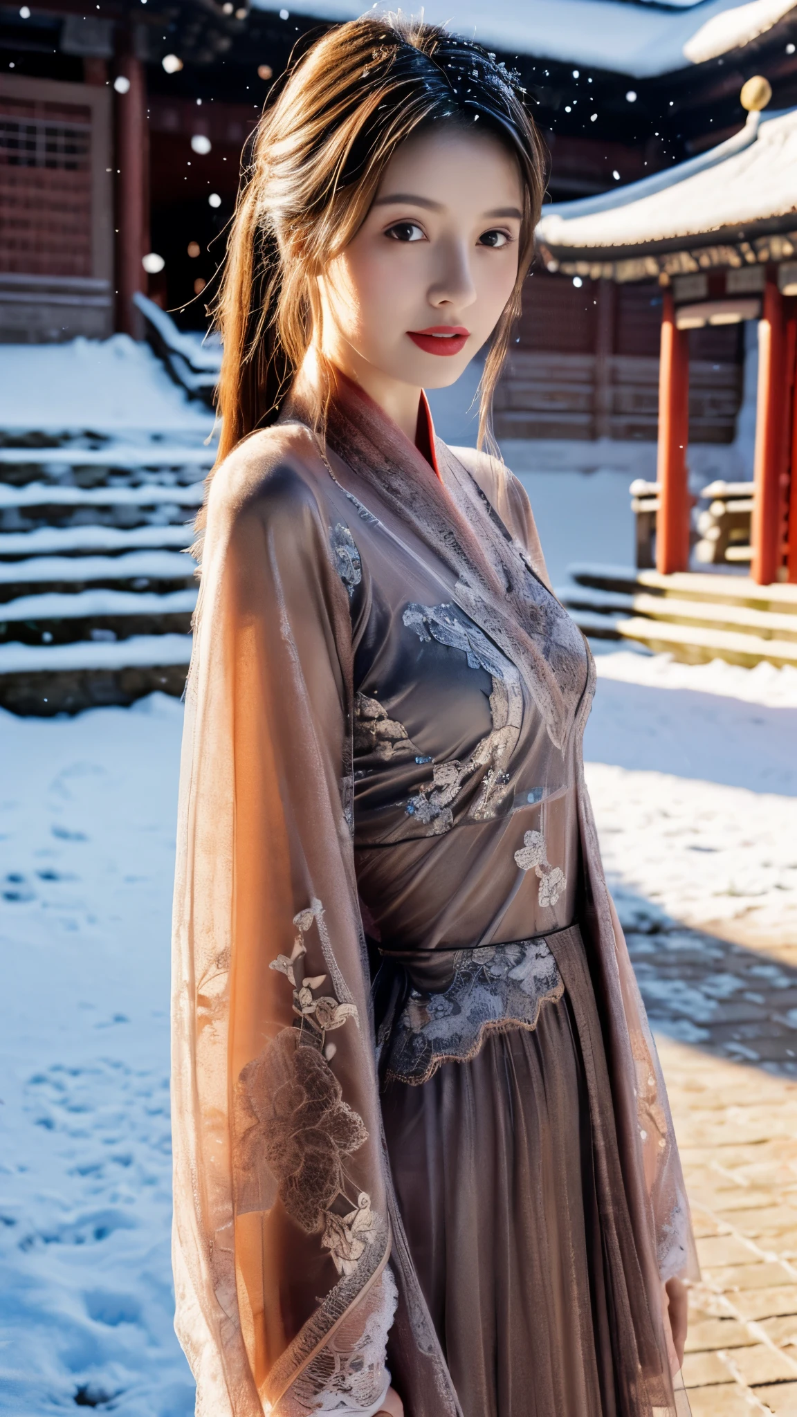 best quality， masterpiece， high resolution，8k，（Realistically：1.4），超high resolution，1 girl，(Black transparent， Lace)，(Ultra-realistic skin maps)， Ultra Detailed， Surreal， Highly detailed CG illustrations， official art， Movie Lighting， Practical， Young beautiful girl， Perfect body， Perfect body， Full view， Perfect body，enjoy expression，（Start from below：1.3）， Sexy pose， Sexy long legs， confidence， Beautiful and sexy， (Gorgeous Chinese Hanfu，cropped shoulder，S-Shape Pose， blush， Chapped lips， View Viewer ， half body shot ， (fur-edged cloak) ，(Chinese pavilions)，It snowed heavily，The ground is covered with snow，