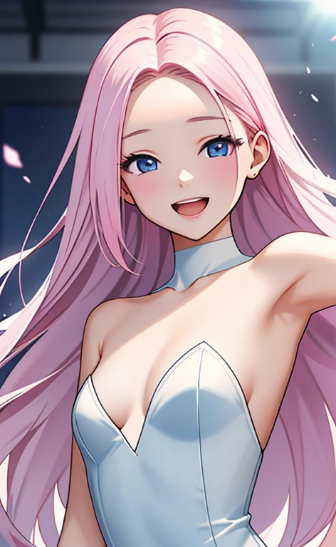 (masterpiece:1.4、top-quality、illustration:1.4,realistic、)、(character focus、breast focus,upper body:1.3)、(1girl),(Open mouth happy smile:1.3),(half closed eyes),cute face,blue eyes、()、
,(stand:1.4),(Shining smile),
,(slender),(white strapless dress:1.3),(pink long hair:1.6,forehead:1.3), (small breasts:1.3)、
、slender、pool,、