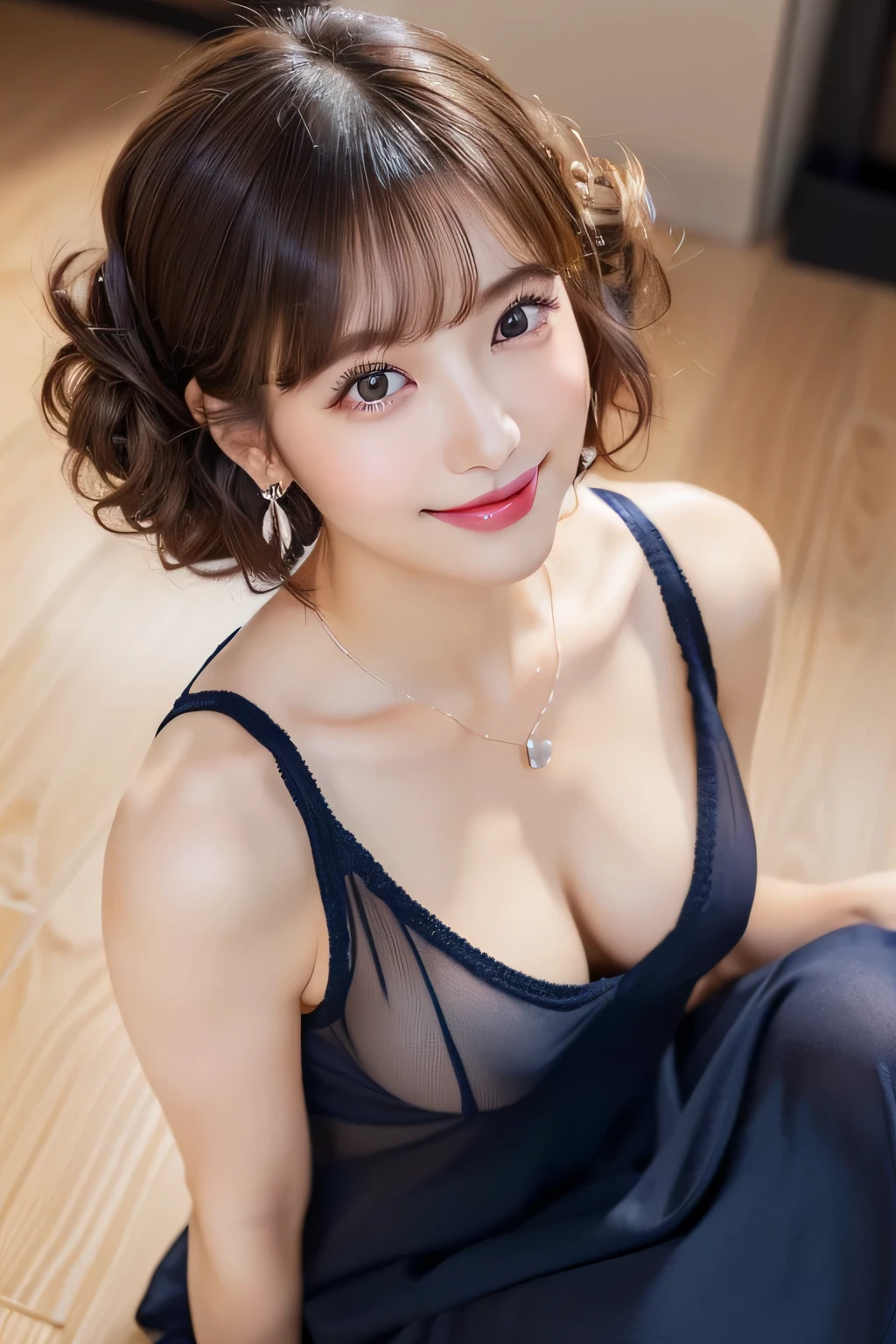 masterpiece, 1 beautiful girl, Detailed eyes, Puffy eyes, highest quality, 超A high resolution, (Reality: 1.4), Cinema Lighting, Japanese, Asian Beauty, Super Beauty, Beautiful Skin, Slender, Body facing forward, (Surreal), (High resolution), (8k), (Very detailed), (Beautiful and detailed eyes), (Ultra-detailed), (wall-), (Natural smile), Detailed face, Bright lighting, Professional Lighting, View your viewers, Look straight ahead, (The costume is a knitted dress), ponytail, My hair is messy, Asymmetrical bangs, Night Scenery, Brown Hair, Japan is an idol, Korean Idol, Gravure idol pose, , 19 years old, expensive,
20-year-old, 1 person, ((Beautiful female announcer,A kind smile:1.2)),
((Gorgeous Earrings, Long Necklace:1.2)),
((A tight-fitting navy blue dress:1.2)),
((Sitting on the floor, Look up, No bra, See-through:1.5)),
(Full body image from thigh, Pay attention to the beautiful thighs:1.2),
Realistic skin texture, Fair skin, Shiny skin, Healthy thighs,
Very detailed face, Slim face contour, Beautiful small face, Beautiful Nose,
超Detailed eyes, Slit eyes, Brown eyes, double eyelid, Ultra-thin eyebrows, Thin, long eyelashes,
Ultra-detailed唇, Plump and moisturized lips, Glossy pink lips, Flushed Cheeks, ((White beautiful teeth)),
Beautiful actress's ennui makeup, Pink lipstick, Smoky eyeshadow, Eye foundation,
Dark Brown Hair, Delicate soft hair, Hair blowing in the wind,
(Put your hair up, Medium Short Hair, Elegant curly hair:1.2),
Layered Cut, (Blunt bangs:1.2),
Mouth half open, Attractive look, Looking into the camera,