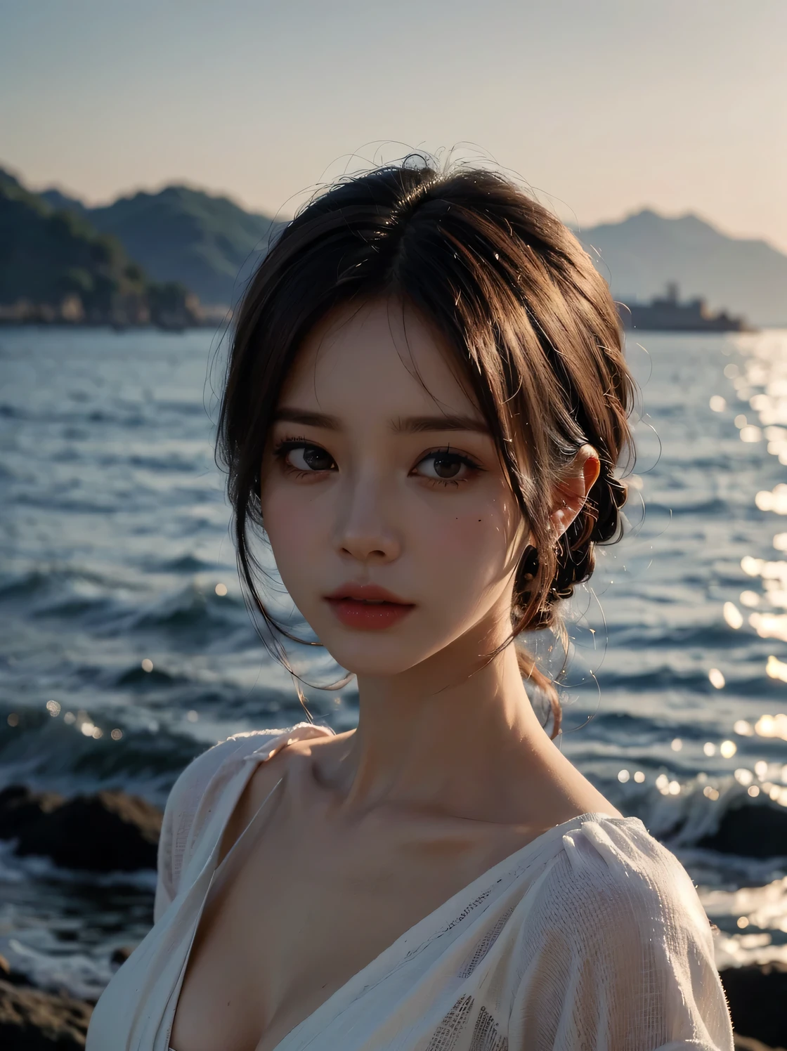 1girl, (looking at viewer:1.2), detail face, (a girl standing, rending on cgsociety, black shadows, streaming, sea backdrop), romanticism, atmospheric, (RAW photo, best quality), (realistic, photo-realistic:1.3), masterpiece, an extremely delicate and beautiful, extremely detailed,