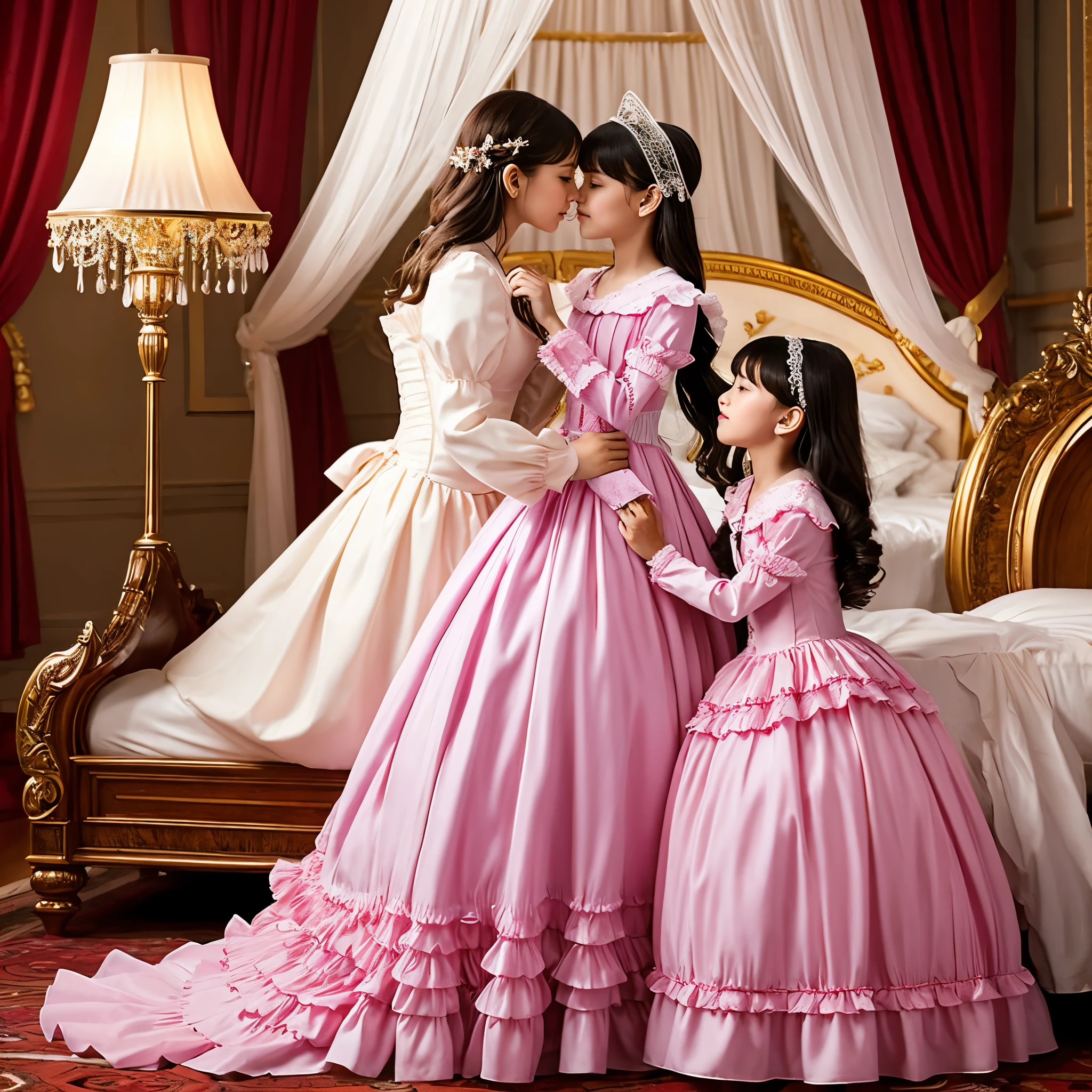 highest quality, masterpiece, Highest Resolution, artwork, super Get used to it, many become close, become close, Get used to it, woman, ,The two girls are princesses,pink victorian dress,Long sleeve,Long dress,A dress with lots of frills and ribbons.,High quality dress,luxury,Kiss for two,(luxuryな寝室),High quality princess canopy bed,