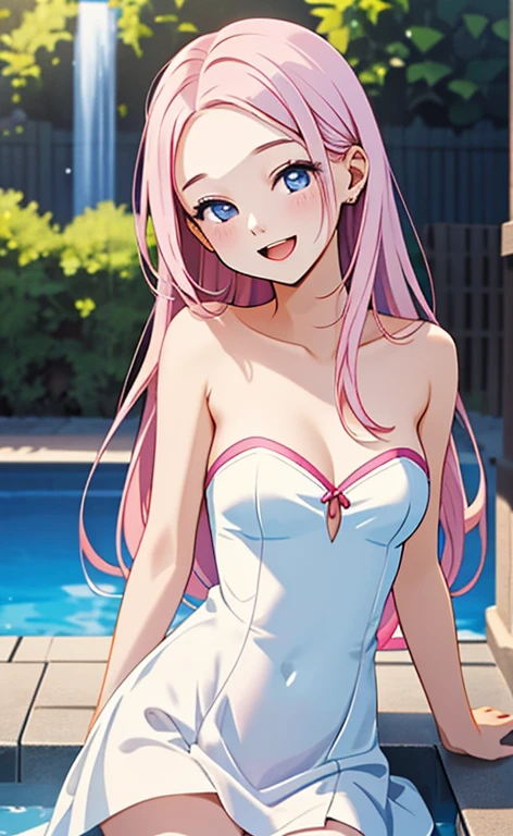 (masterpiece:1.4、top-quality、illustration:1.4,realistic、)、(character focus、breast focus,upper body:1.3)、(1girl),(Open mouth happy smile:1.3),(half closed eyes),cute face,blue eyes、()、
,(stand:1.4),(Shining smile),
,(slender),(white strapless dress:1.3),(pink long hair:1.6,forehead:1.3), (small breasts:1.3)、
、slender、pool,、