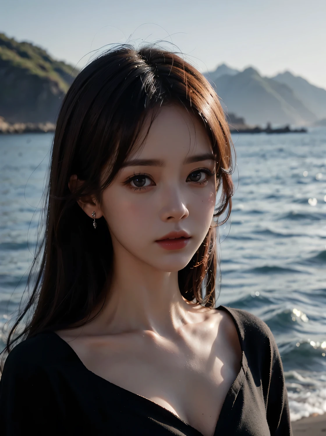 1girl, (looking at viewer:1.2), detail face, (a girl standing, rending on cgsociety, black shadows, streaming, sea backdrop), romanticism, atmospheric, (RAW photo, best quality), (realistic, photo-realistic:1.3), masterpiece, an extremely delicate and beautiful, extremely detailed,