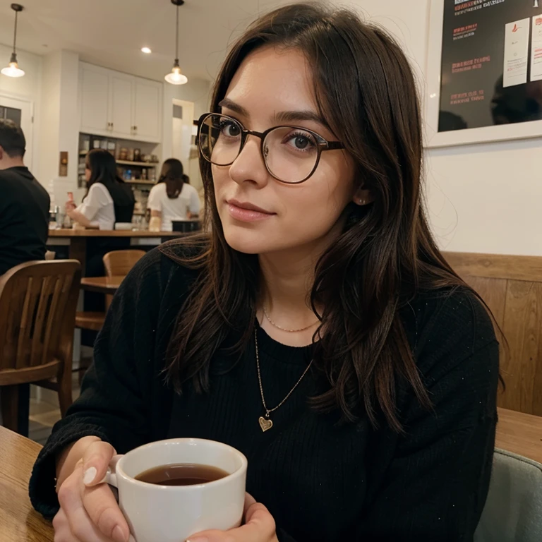 Beautiful, brown haired, woman, perfect face, wearing black glasses, sitting in london at a cafe, drinking a cup of tea,