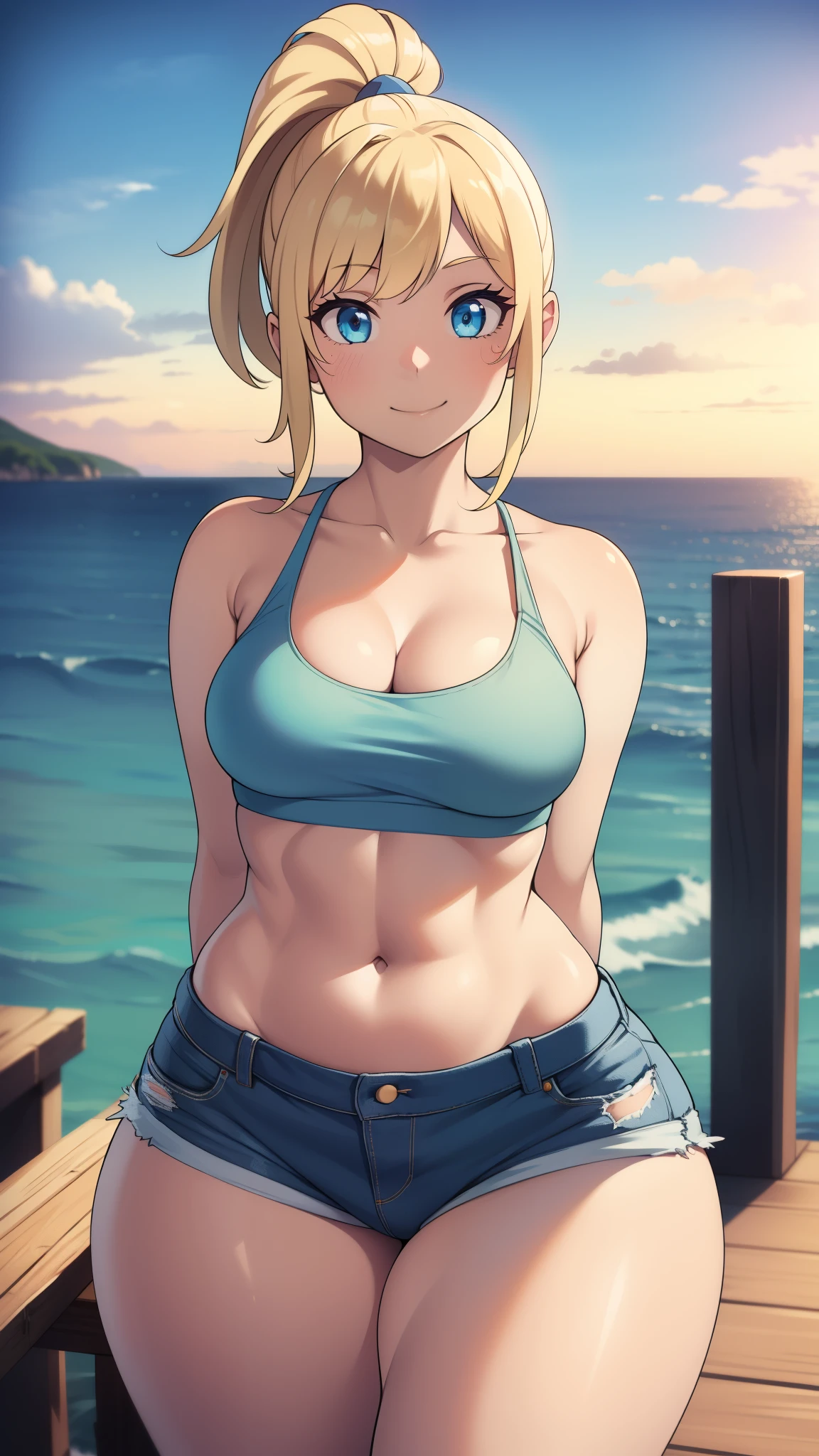 ((highres)), Masterpiece, high quality, best quality, beautiful, perfect lighting, detailed face, ultra cute face, looking at viewer, ((1girl)), ((solo)), cowboy shot, 

long blonde hair, ponytail, blue eyes, crop top, jean shorts, cleavage, medium breasts, wide hips, thick thighs, skinny, fit, smile,

Standing on a dock, ocean in background, arms behind back,
