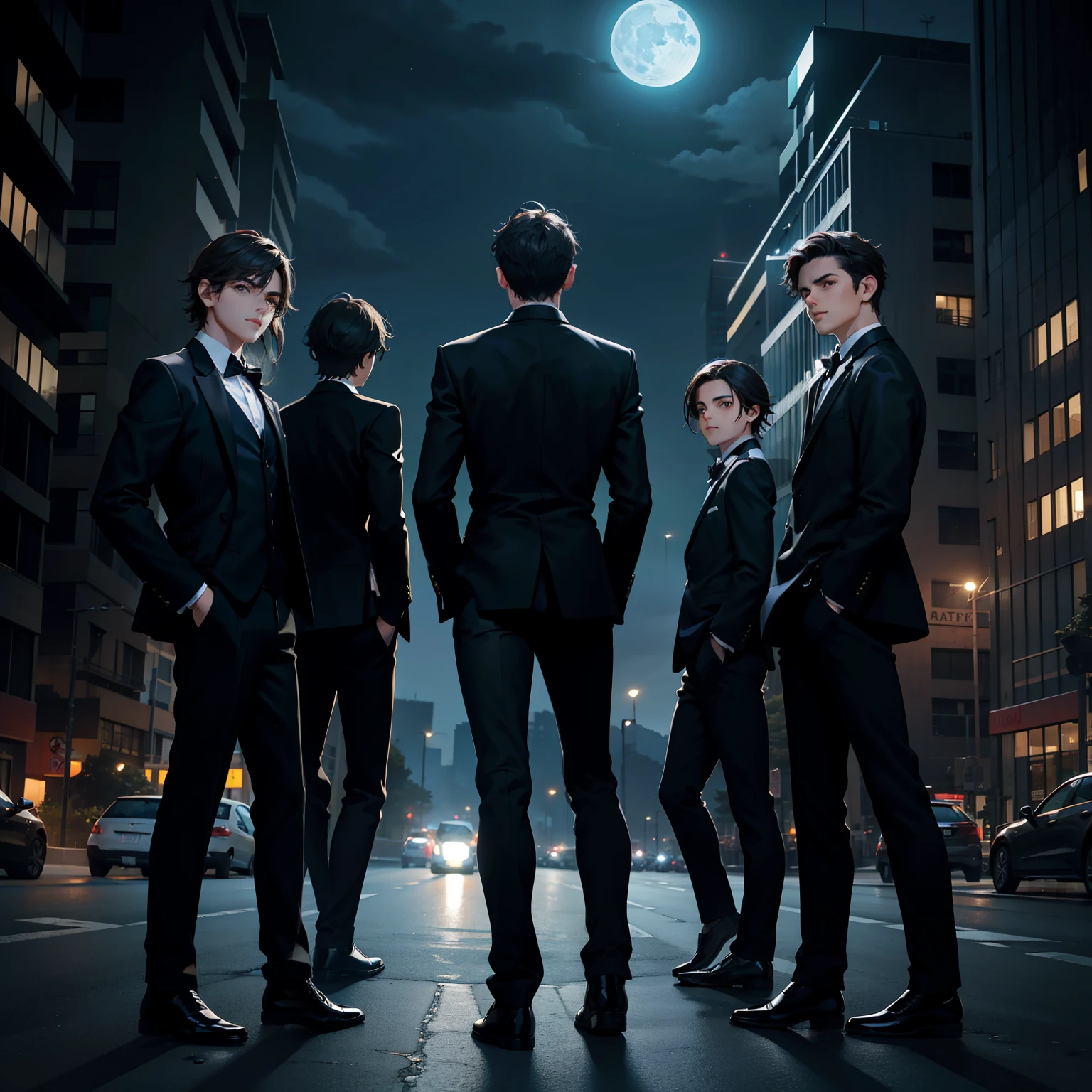 Hay cinco grupos de chicos, De pie en las carreteras de la ciudad , postura de espalda, Cuerpo completo con traje negro y cara oculta, adolescentes, Pose genial, postura de espalda , Noche con luna loght, pose realista,