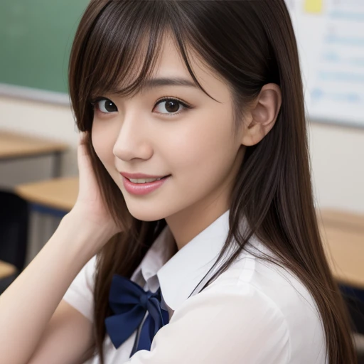 High School Uniform))、(Blackboard background)、Filmed in a school classroom、(School classroom with windows)、(8K、Live Shooting、Highest quality、masterpiece:1.2)、High-quality RAW color photos、Professional photos、(Genuine、フォトGenuine:1.37)、Photographed in natural light、1 Girl、A sloppy smile、(Various poses)、necklace、(Beautiful profile:1.3)、profile、Straight Long Hair、The eye color is dark brown、(Beautiful profile:1.3)、Correct hand of human body、、Woman with single eyelid、The correct state of the human body、Natural lip、Shot in well-lit areas、The gesture of brushing back hair、High school girl uniform、Facing forward