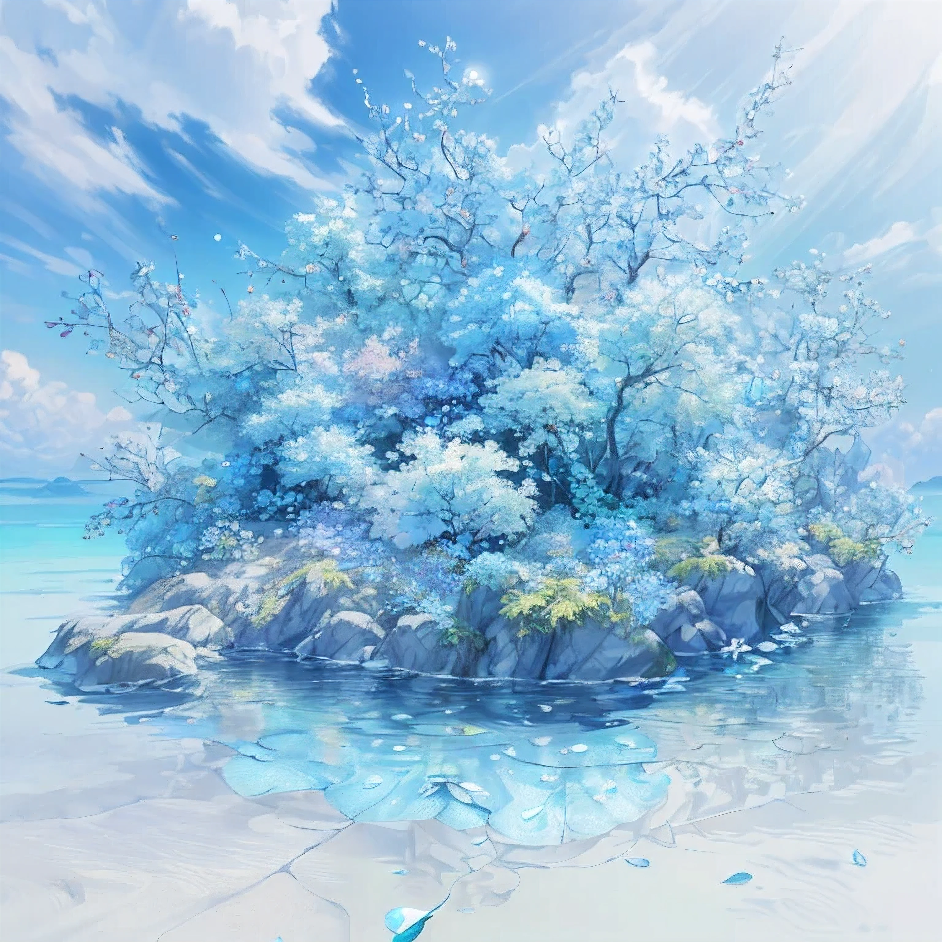 (best quality,4K,8K,high resolution,masterpiece:1.2), Super detailed, (lifelike:1.37), (CG:1.1) (best quality) Nature, blue sea with delicately colored tree leaves and flower petals falling in the air, Ray Tracing, Super detailed, (best shade) and (illustration).