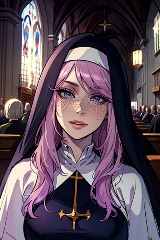 
Masterpiece, best quality, womanly, excited expression, portrait, nun, pale skin, happy eyes, inside a church, pink full lips, nun habit, freckles, lavender hair, church setting,