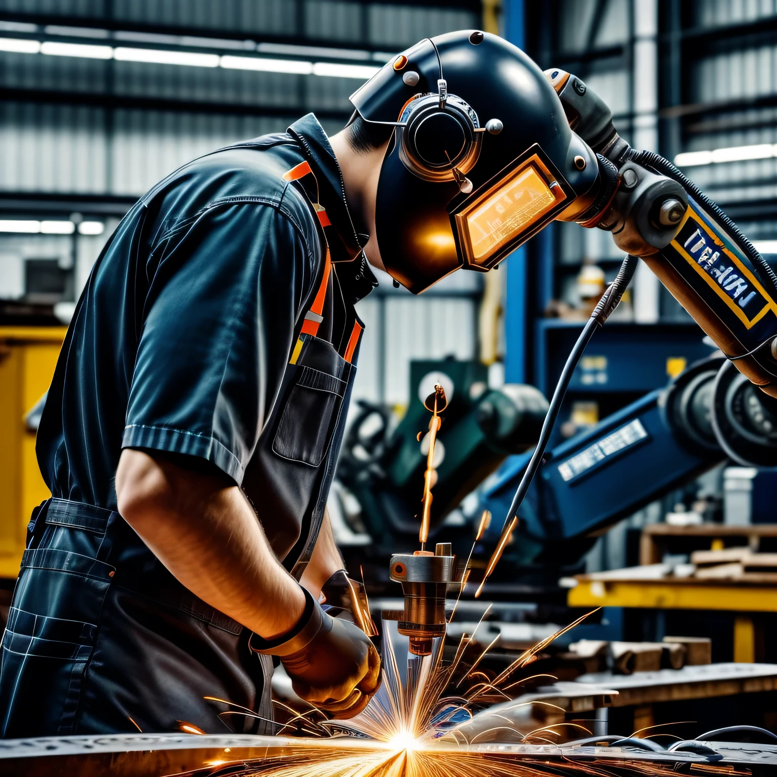 Absurd resolution, high resolution, (masterpiece: 1.4), hyper-detail, young man messy short black hair, welder dressed up, factory high-tech workbench operation, tech-sense screen, high-tech robotic arm, operation