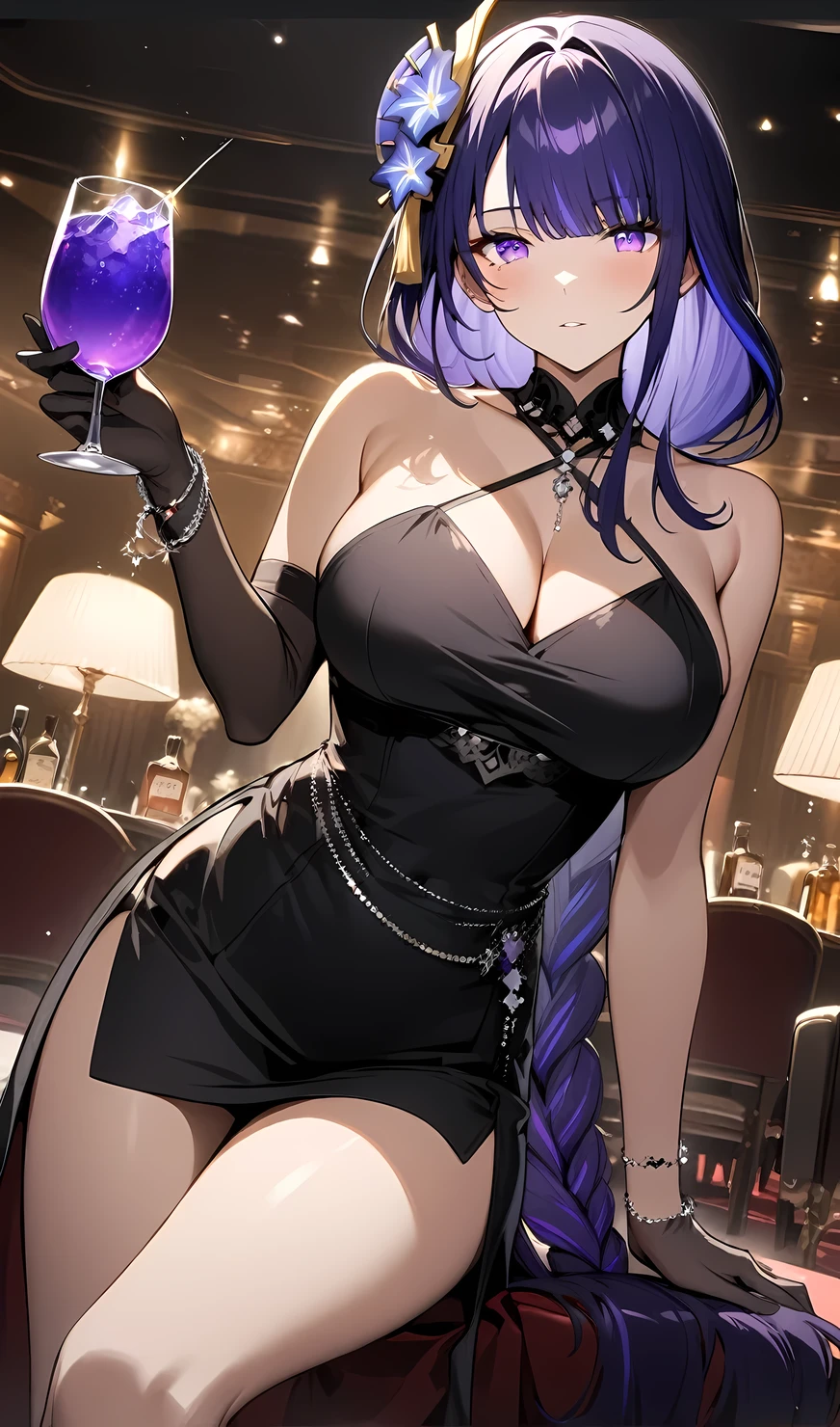 Raiden Shogun, 1girl, alcohol, alternate costume, A bracelet, bare shoulders, banquet hall on background, Black Dress, black gloves, black thighs, pectorals, cleavage, criss-cross halter, a cup, Dress, drinking glass, flower, gloves, gradient background, Hair between the eyes, Hair Flower, hair ornament, halterneck, holding, holding cup, Jewelry, large breasts, Long hair, looking a viewer, necklace, violet eyes, Transparent gloves, solo, thights, thights, thights, ((Masterpiece))