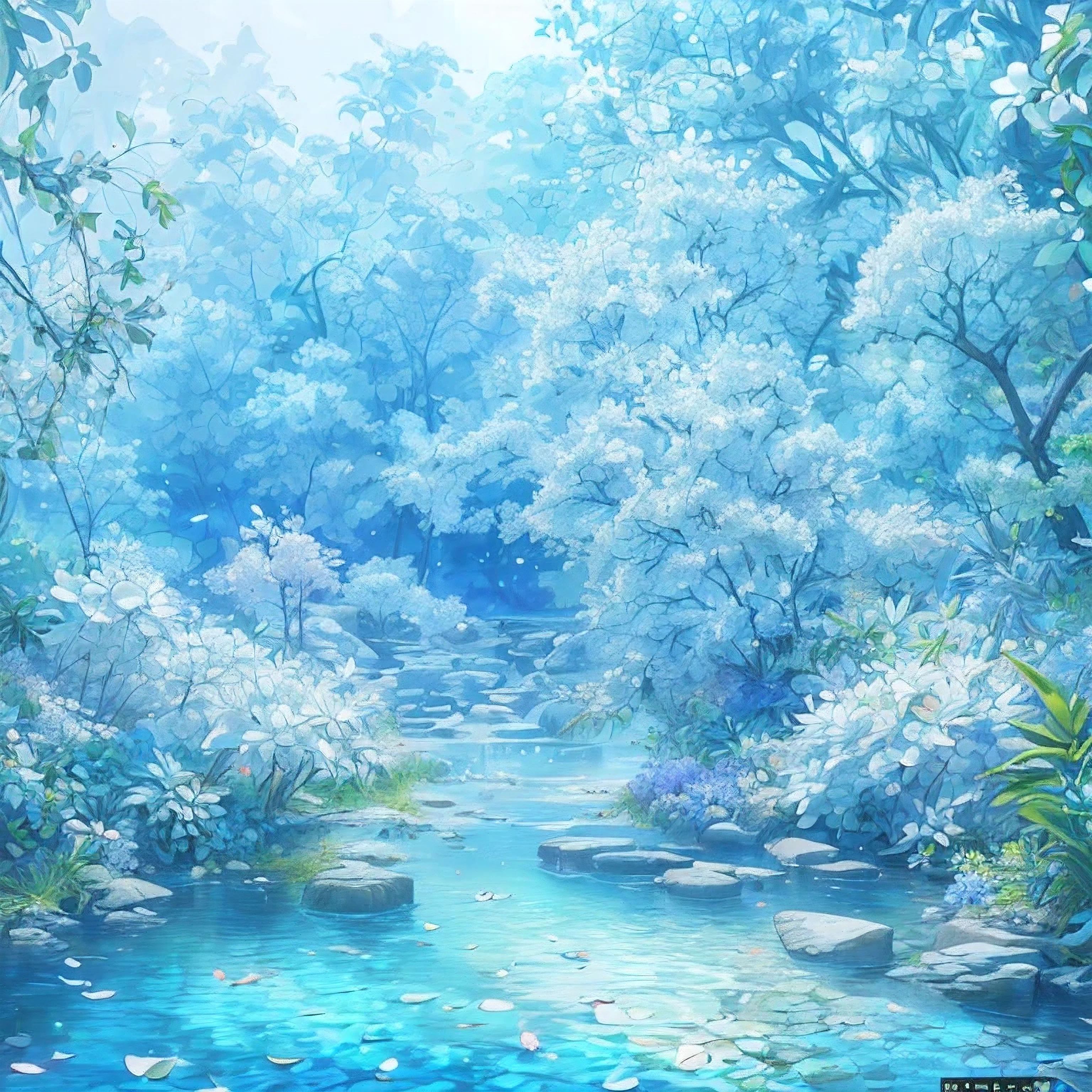 (best quality,4K,8K,high resolution,masterpiece:1.2), Super detailed, (lifelike:1.37), (CG:1.1) (best quality) Nature, blue sea with delicately colored tree leaves and flower petals falling in the air, Ray Tracing, Super detailed, (best shade) and (illustration).