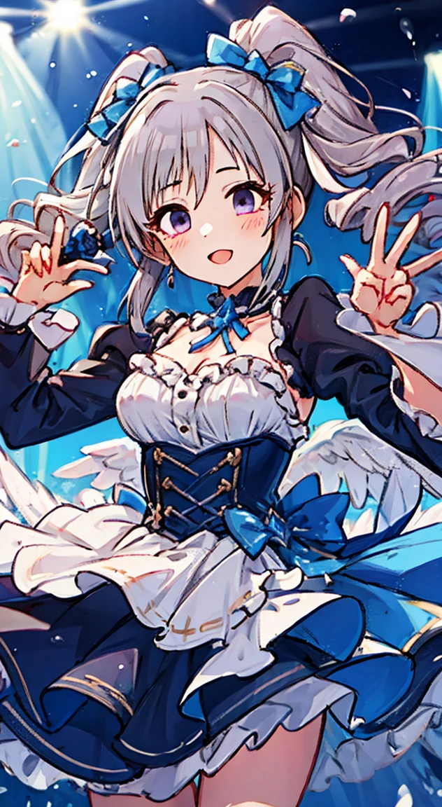 High Quality,Superior,Angelic,Radiant,Charming,Kawaii,Radiant Smile,peace fingers,Idol,idol stage,gothic costume,2 girls,Ranko kanzaki, Kiriko yukoku,