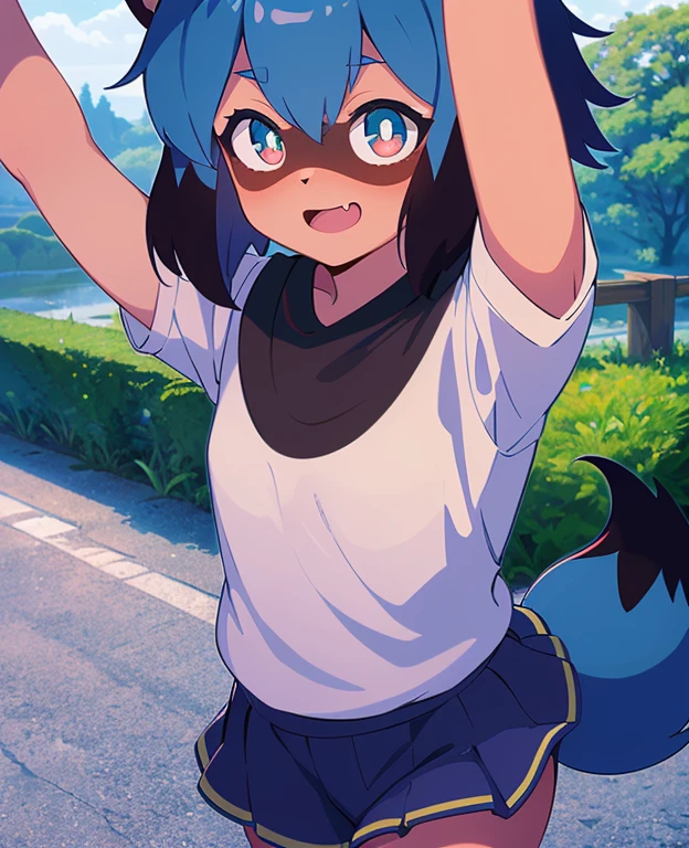 Michiru_kagemori, 1girl, Tier_Ohren, Blau_Haar, Body_Fell, Fellry, Fellry_weiblich, raccoon_Ohren, raccoon_girl, raccoon_Schwanz, kurz_Haar, Schwanz, Rot_Jacke, Schiene_Jacke, White_Hemd, offener Mund, schreiend, scaRot, Nacht, Regen, Blitz, Blitz strike, outside, Wald, Baum, portrait, Allein, Oberer, higher_Body, ambient dunkelness, dunkel