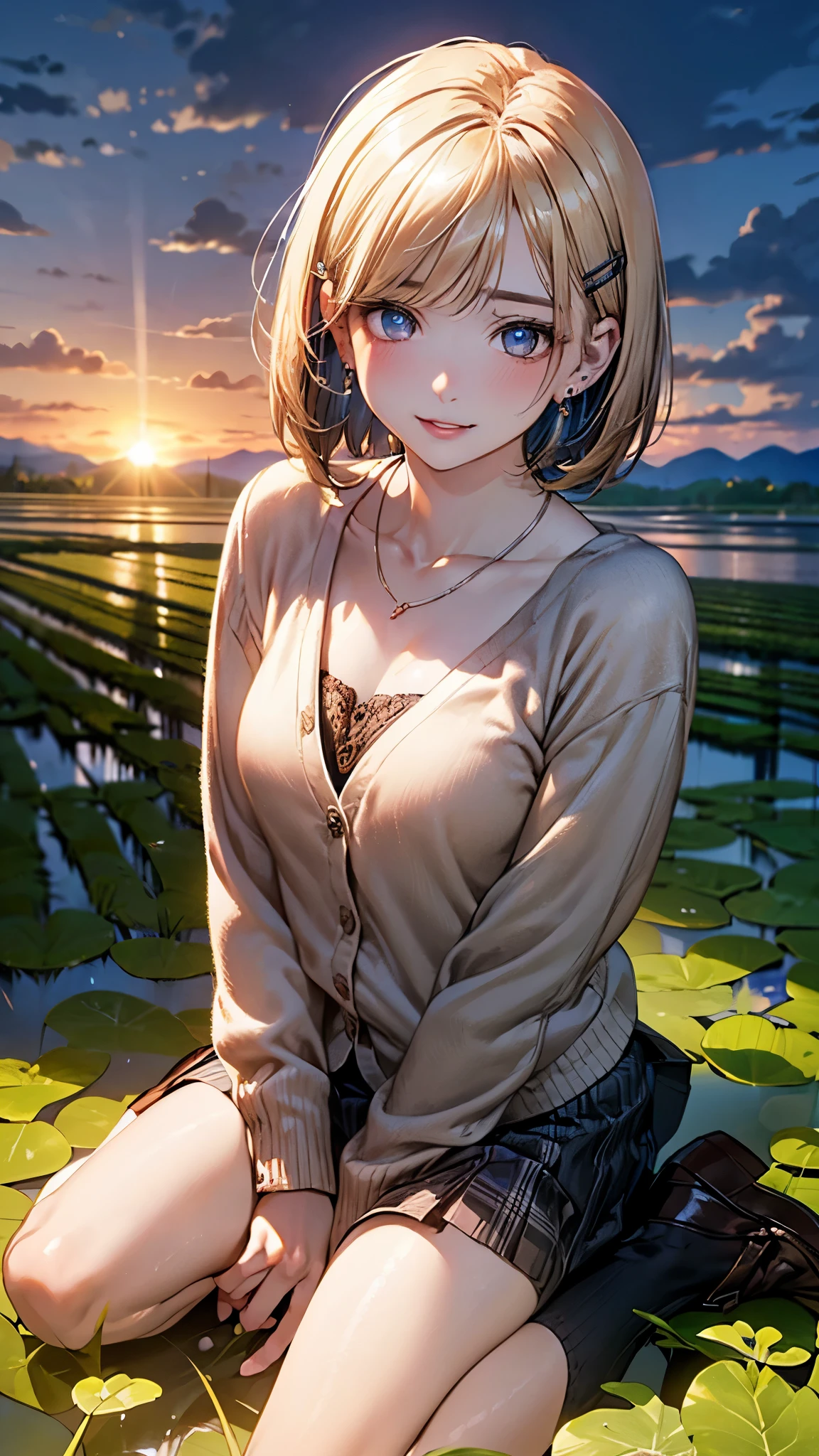 (masterpiece:1.2, top-quality), (realistic, photorealistic:1.4), beautiful illustration, (natural side lighting, movie lighting), ,
looking at viewer, (face focus, upper body), 1 girl, japanese, high school girl, perfect face, perfect hands, face, (perfect anatomy:1.4), cute and symmetrical face,
(short hair:1.2, bob cut:1.2, blonde hair), asymmetrical bangs, blue eyes, long eye lasher, (large breasts, seductive thigh), slender, white skin, shiny skin,
beautiful hair, beautiful face, beautiful detailed eyes, beautiful clavicle, beautiful body, beautiful chest, beautiful thigh, beautiful legs, beautiful hands,
(detailed cloth texture, (hair clips, earrings,brown cardigan, white inner, black loafers, argyle check skirt), small necklace、),
(beautiful scenery), early evening, big sunset, orange view, (lots of rice fields), wariza, (seductive smile, upper eyes, parted lips),