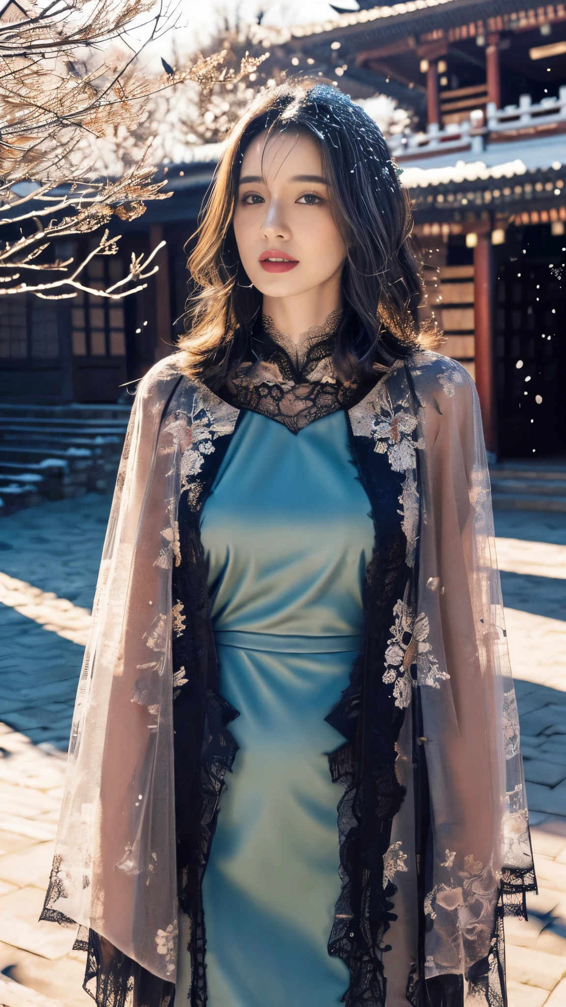 best quality， masterpiece， high resolution，8k，（Realistically：1.4），超high resolution，1 girl，(Black transparent， Lace)，(Ultra-realistic skin maps)， Ultra Detailed， Surreal， Highly detailed CG illustrations， official art， Movie Lighting， Practical， Young beautiful girl， Perfect body， Perfect body， Full view， Perfect body，enjoy expression，（Start from below：1.3）， Sexy pose， Sexy long legs， confidence， Beautiful and sexy， (Gorgeous Chinese Hanfu，cropped shoulder，S-Shape Pose， blush， Chapped lips， View Viewer ， half body shot ， (fur-edged cloak) ，(Chinese pavilions)，It snowed heavily，The ground is covered with snow，