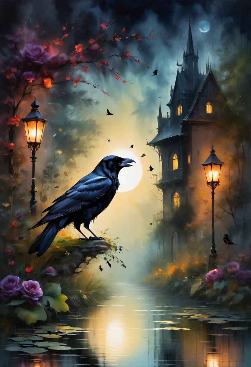 (dark atmosphere,Goethe-Mode,helle Farben),(best quality,Super exquisit,),sexy Gothic-Rabe,Rosengarten bei Nacht,Crow feathers,black crow,Das Mondlicht spiegelt ihre elegante Silhouette,Weiche Schatten und weiche Glanzlichter,Contrasting colors create a lively atmosphere,dunkle und stimmungsvolle Farbpalette,Dezente und dennoch dramatische Lichteffekte,Erhabene Dunkelheit vermischt mit exquisitem Mondlicht