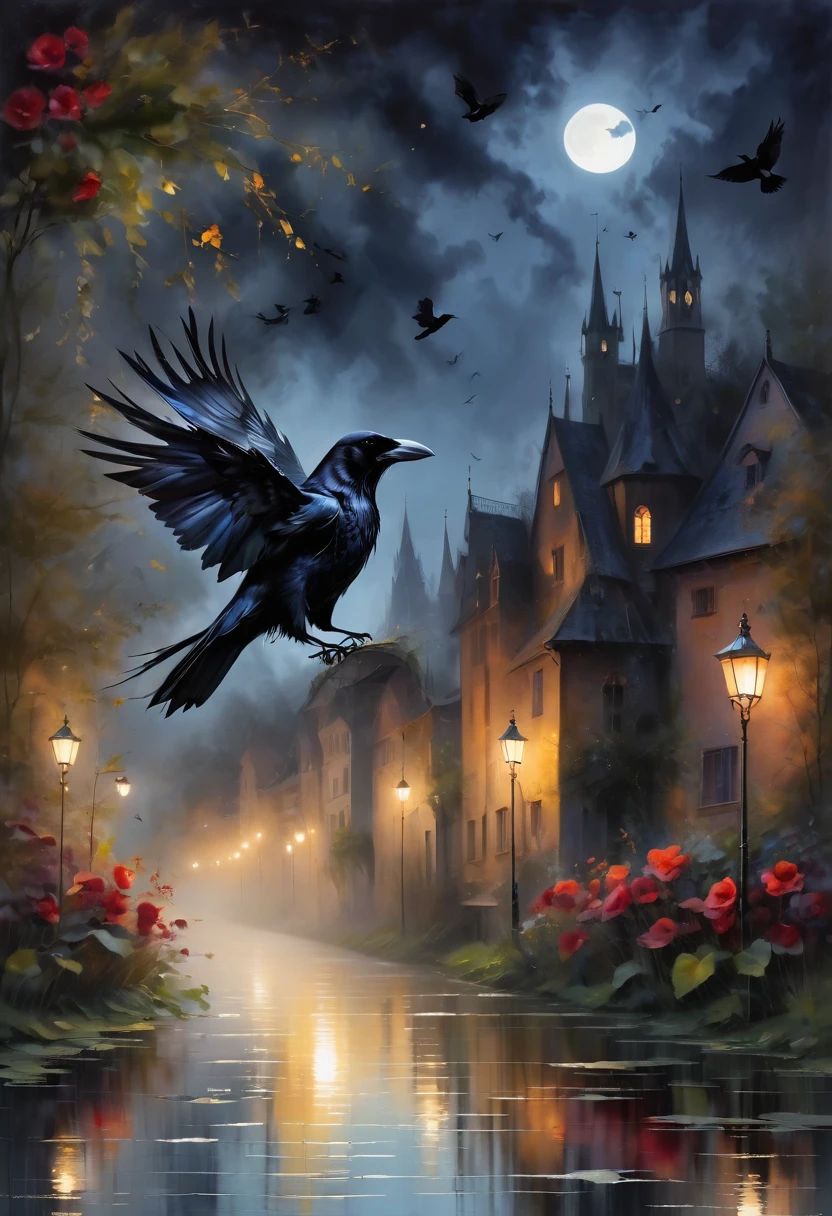 （dark atmosphere，Goethe-Mode，helle Farben），（best quality，Super exquisit，），sexy Gothic-Rabe，Rosengarten bei Nacht，Crow feathers，black crow，Das Mondlicht spiegelt ihre elegante Silhouette，Weiche Schatten und weiche Glanzlichter，Contrasting colors create a lively atmosphere，dunkle und stimmungsvolle Farbpalette，Dezente und dennoch dramatische Lichteffekte，Erhabene Dunkelheit vermischt mit exquisitem Mondlicht