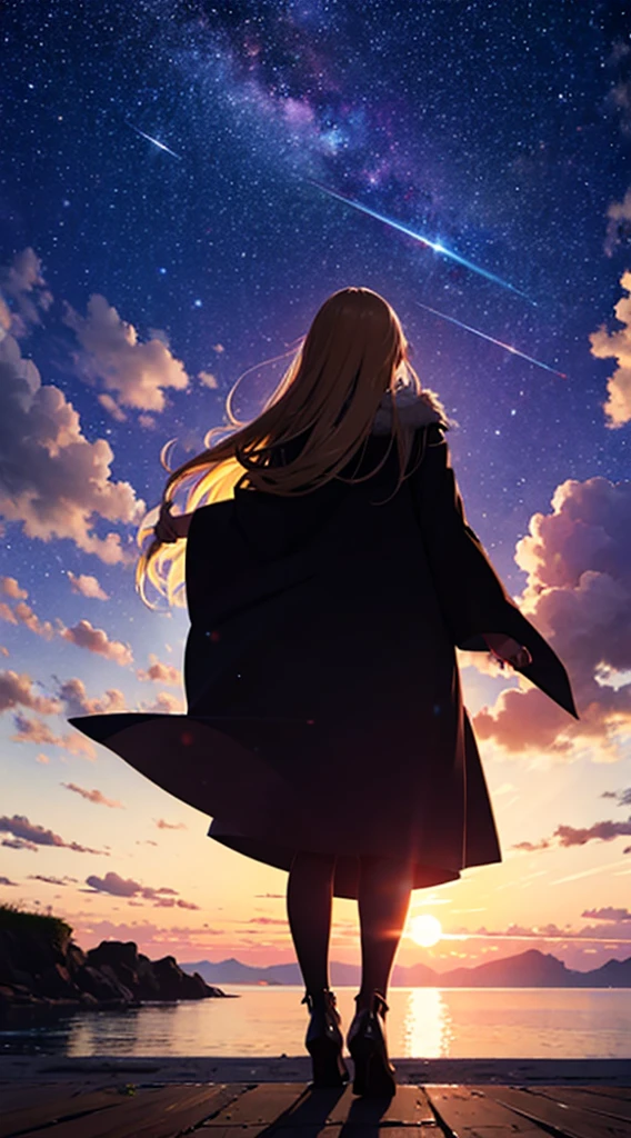 1people々々々々々々々々々々々,Blonde long-haired woman,Long coat, Dress Silhouette, Rear View,Space Sky, , Anime Style, sunset,The boundary between sea and space,
