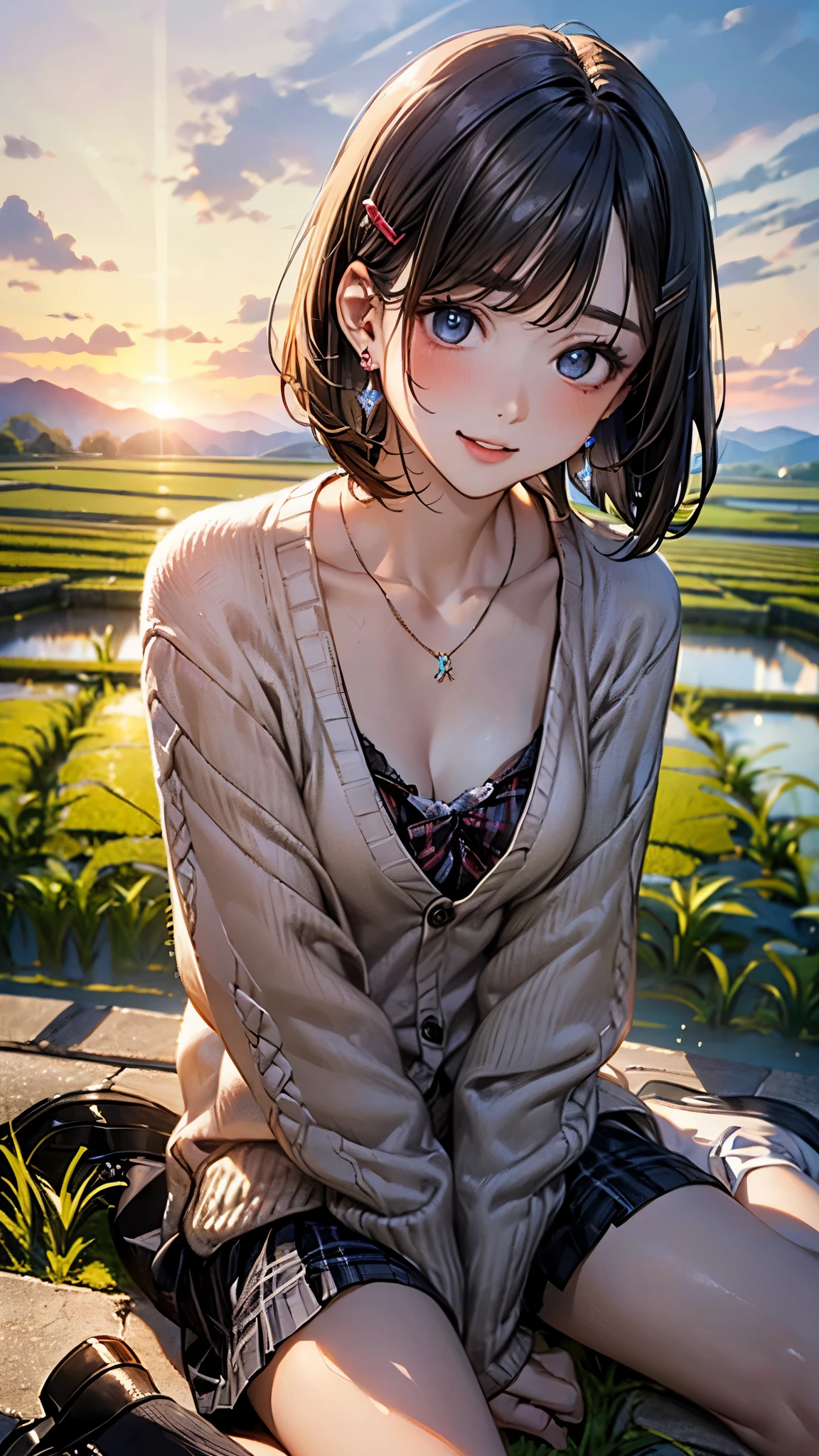 (masterpiece:1.2, top-quality), (realistic, photorealistic:1.4), beautiful illustration, (natural side lighting, movie lighting), , 
looking at viewer, (face focus, upper body), 1 girl, japanese, high school girl, perfect face, perfect hands, babyface, (perfect anatomy:1.4), cute and symmetrical face, 
(short hair:1.2, bob cut:1.2, blonde hair), asymmetrical bangs, blue eyes, long eye lasher, (large breasts, seductive thigh), slender, white skin, shiny skin, 
beautiful hair, beautiful face, beautiful detailed eyes, beautiful clavicle, beautiful body, beautiful chest, beautiful thigh, beautiful legs, beautiful hands, 
(detailed cloth texture, (hair clips, earrings,brown cardigan, white inner, black loafers, argyle check skirt), small necklace、), 
(beautiful scenery), early evening, big sunset, orange view, (lots of rice fields), wariza, (seductive smile, upper eyes, parted lips), 