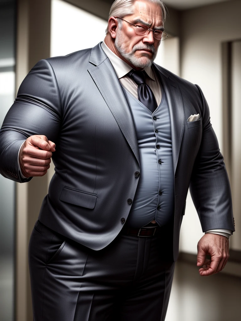  old man standing wearing suit, muscle body,daddy,bara type,fat, 