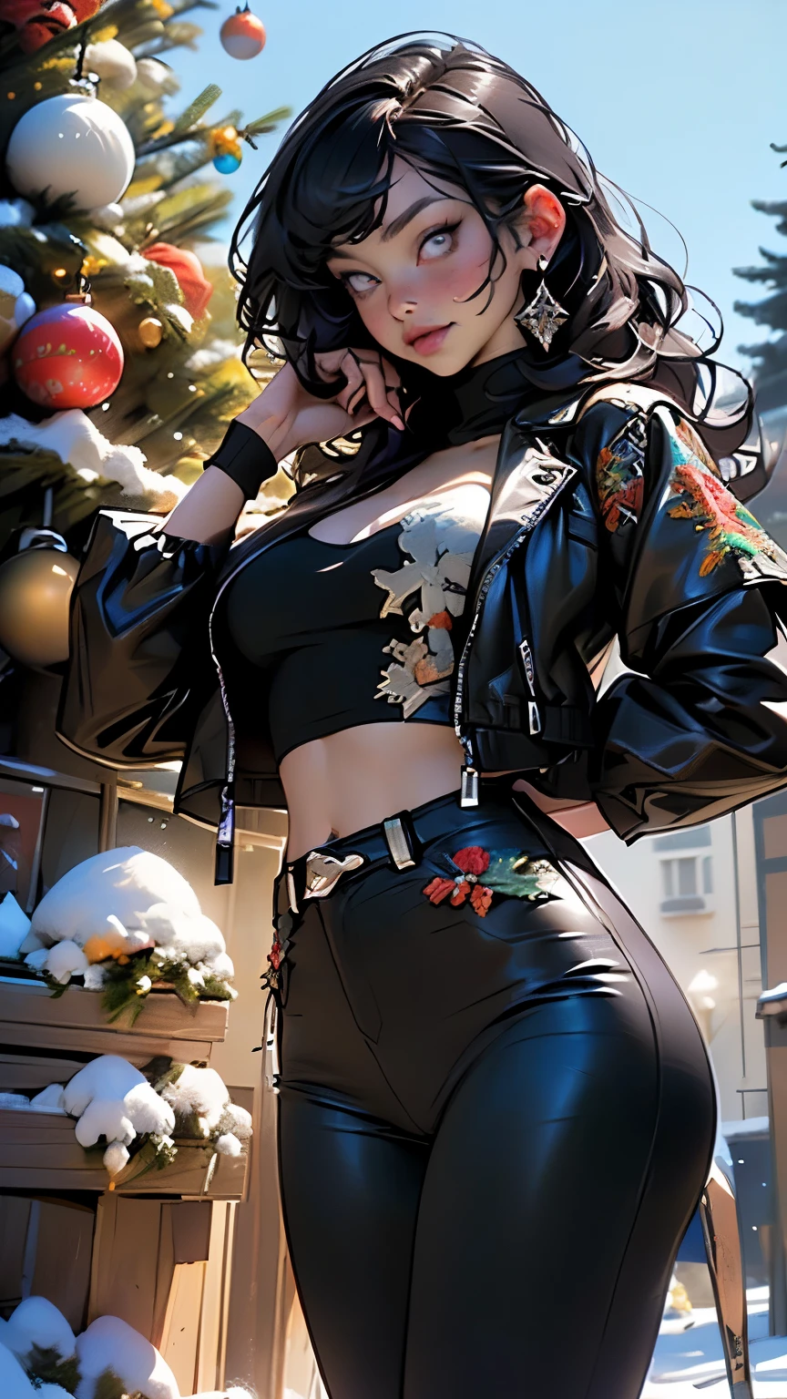 supergirl,1girl,((extremely cute and beautiful black haired anime goth girl)),((())),(large breasts:1.2),((((black wavy hair:1.35,absurdly long unkempt hair,messy hair,colored inner hair,ear breathing)))),((heterochromia:1.5, (purple_eye and red_eye))),intricate eyes,beautiful detailed eyes,symmetrical eyes,Big eyes:1.5,((fat)),(((lustrous skin:1.5,bright skin: 1.5,skin tanned,shiny skin,very shiny skin,shiny body,plastic glitter skin,exaggerated shiny skin,illuminated skin))),(spider lower abdomen,narrow waist,wide hip,athletic body,inflated legs,thick thighs,detailed body,(detailed face)),
cute,slutty,seductive,erotic,(nsfw),
zettai ryouiki,revealing clothing,show skin,((printed T-shirt:1.3),(navel))),((black leather crop jacket:1.3)),(((black pants:1.5,black thong,visible thong straps)))),(((Black Lips,Goth Accessories))),(((intricate outfit,intricate clothes,embroidered outfit,ornate outfit,embroidered clothes,ornate clothes))),
(dynamic pose:1.0),embarrassed,(centered,scale to fit dimensions,Rule of thirds),
((snowy pine forest)),winter,scenery:1.25,((intricate scenery)),((snow forest background)),(Christmas tree:1.5),
(Glossy winter ornaments),highres,sharp focus,(ultra detailed,extremely detailed),(photorealistic artwork:1.37),(extremely detailed CG unity 8k wallpaper),(((vibrant colors,vibrant theme))),(intricate),(masterpiece),(best quality),artistic photography,(photography taken by sldr),(intricate background),perfect rendered face,perfect face details,realistic face,photo realistic,analog style,((intricate detail)),(((realism))),