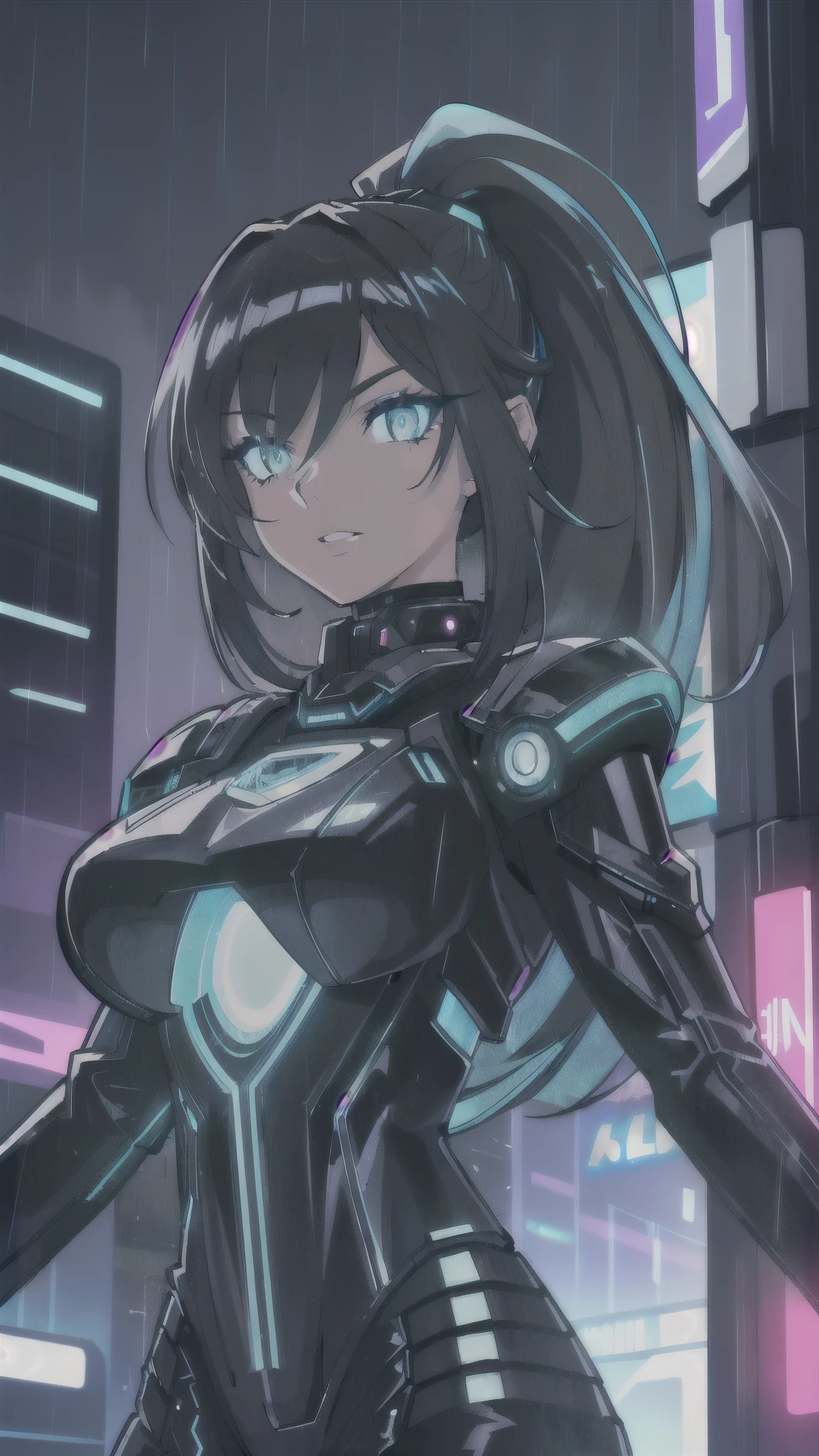 (best quality,4k,8k,highres,masterpiece:1.2),ultra-detailed,(female protagonist,cyber punk style,beautiful detailed eyes,beautiful detailed lips,futuristic neon motorcycle,glowing neon lights , glowing neon eyes, neon glowing lips,ultra long hair ponytail,cityscape background,vivid colors,portraits,sci-fi,sharp focus,physically-based rendering,shiny metallic textures,strong contrast,edgy clothing,dark alleys,graffiti art,street art elements,high-tech gadgets,urban environment,nighttime scene,rainy weather,blurred romantic lights,urban decay aesthetic,electric atmosphere,smoke and fog effects,dynamic pose.