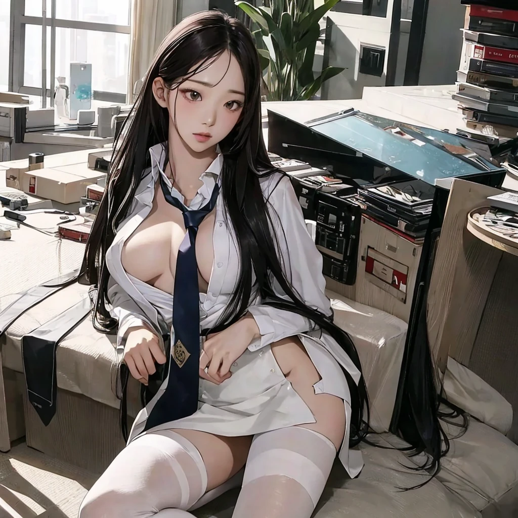 masterpiece, best quality,(realistic:1.4), long hair,sexy, realistic 피부질감, realistic 피부,Clear face, perfect face, naked ,NSFW, big bust, big tits, tights, shirt, spandex miniskirt, necktie