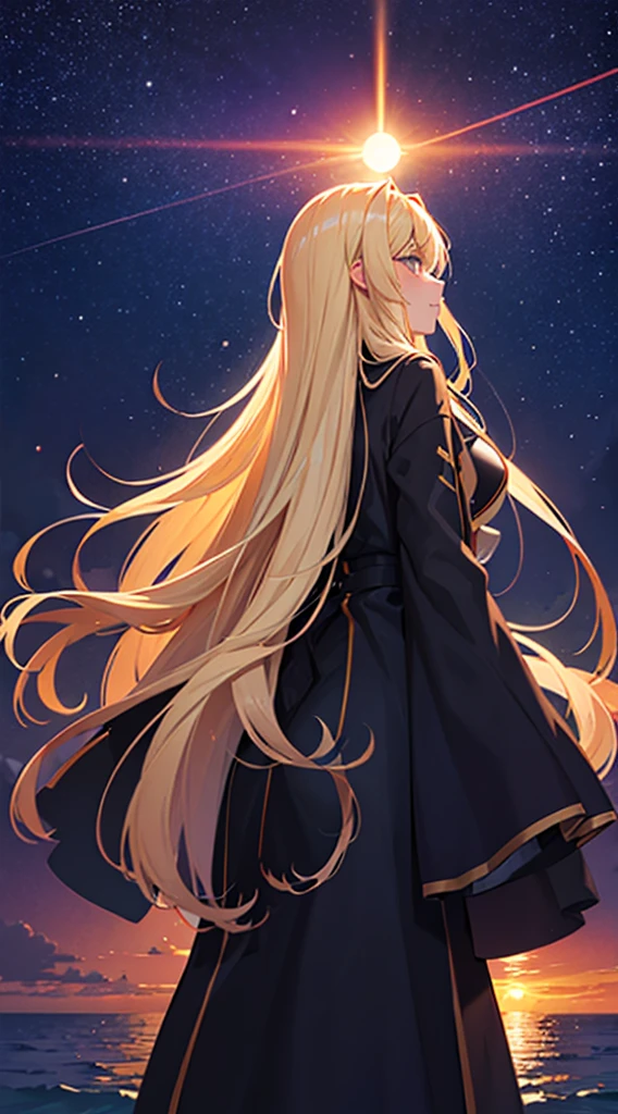 １people々々々々々々々々々々々,Blonde long-haired woman，Long coat， Dress Silhouette， Rear View，Space Sky, , Anime Style, sunset，The boundary between sea and space，