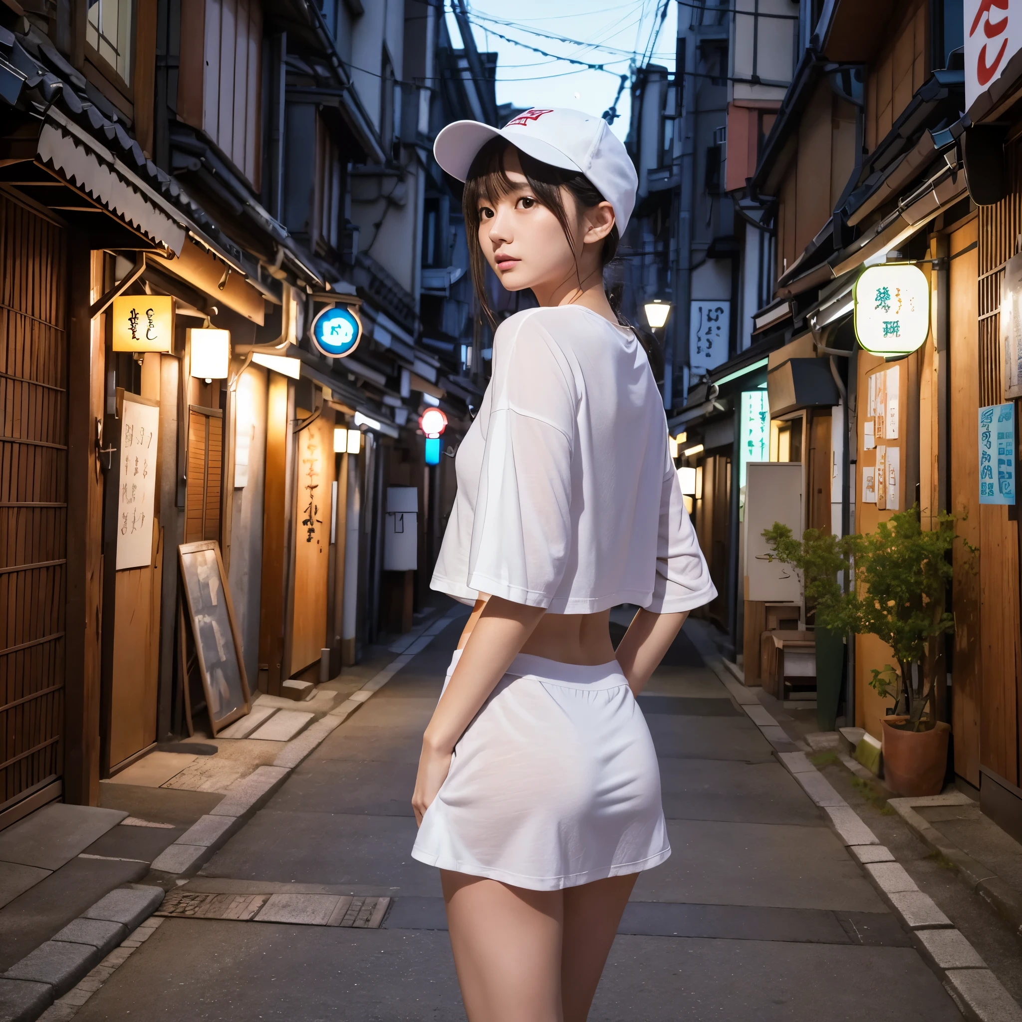 (RAW Photos:1.2), (Realistic), Beautiful detailed girl, Very detailed eyes and face, Beautiful details, Large file size, High resolution, Very detailed, highest quality, [Tabletop:1.6], shape, Very detailed, Finer details, highest quality, 8k wallpaper, Cinema Lighting, 15 year old girl in Japan, Walking the dark backstreets of Japan,Back view,  Back viewから振り返ってこちらを向いて驚く, White cap, In underwear, White bra visible, White panties are visible,Anxious expression, Young face, Small breasts, Small Ass, Slender body, Exposed underwear, white cotton panties, dangerous night road