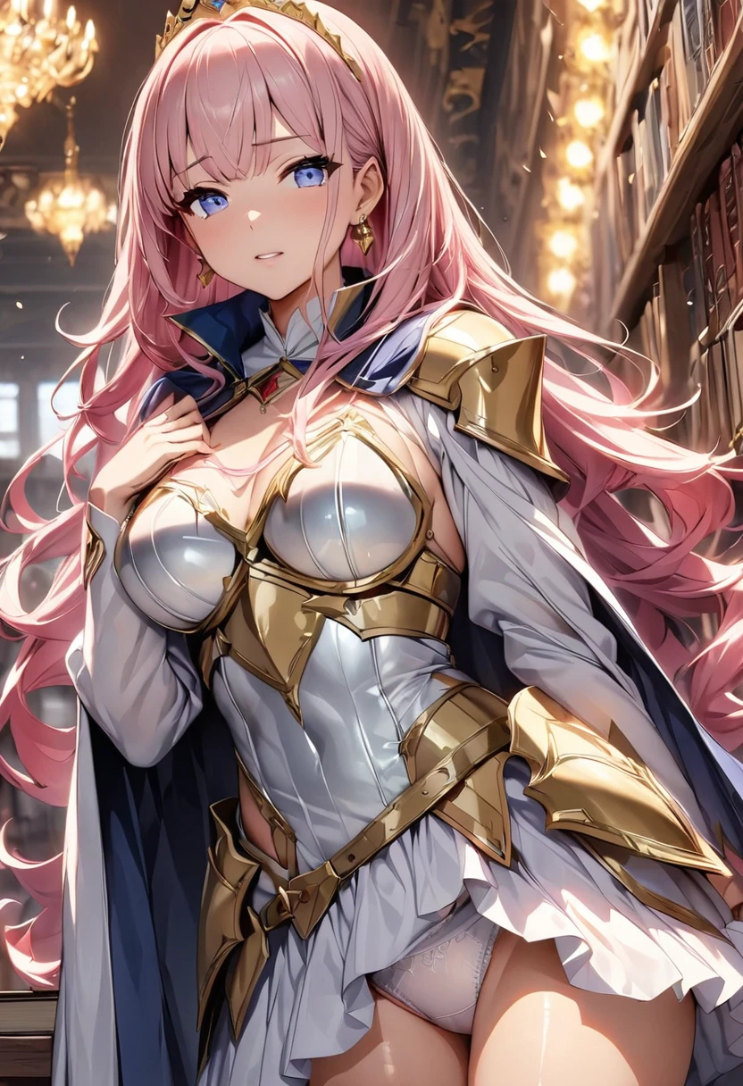 Browsing Caution, masterpiece、highest quality、Ultra-high resolution、Maximum resolution、Very detailed、Professional Lighting、anime、Adult female、thin、so beautiful、Beautiful Face、Armored Dress、Pink and white full plate armor、Shiny Armor、Golden decoration、Gorgeous tiara、Gold earrings、frilled armor、Pink Hair、Blue Eyes、Gold Belt、Cape、He has a gorgeous cane and book.、White underwear、