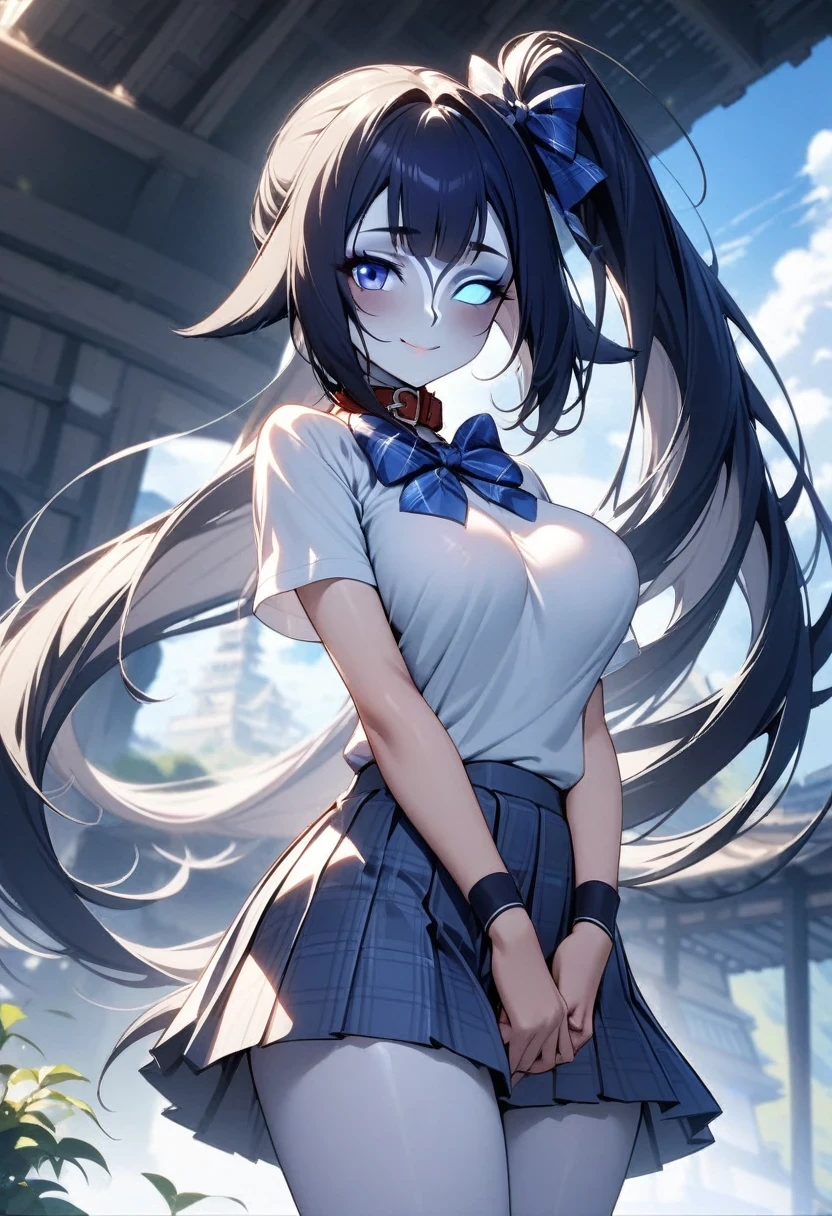 (shylily/(Twich/):1.5),(masterpiece:1.2),(best quality:1.2),, (1girl:1.3),(masterpiece:1.2, Top quality), Nice illustration, (Natural side light, Movie Lighting),
beautiful hair, Pretty Face, Beautiful and delicate eyes, Beautiful clavicle, Beautiful Body, Beautiful breasts, Beautiful thighs, Beautiful legs, beautiful hands,
Looking at the audience, (From the back), whole body, 1 girl, Japanese, High school girl, Perfect face, Perfect eyes, Cute and symmetrical face, Tanning, Glowing skin, White skin, slim,
(Long hair:1.5, Side Ponytail:1.4), Hair covering one eye:1.4, Long eyelashes, (Medium breast),
((Short-sleeved shirt with collar, White shirt, , Grey plaid pleated skirt, blue plaid bow tie), Wristband), white underwear,
(Put your hands behind your back, Bondage,Bondage Arm, breast),
(Beautiful scenery), daytime, (permanent), (Lovely smile, Upper Eye),