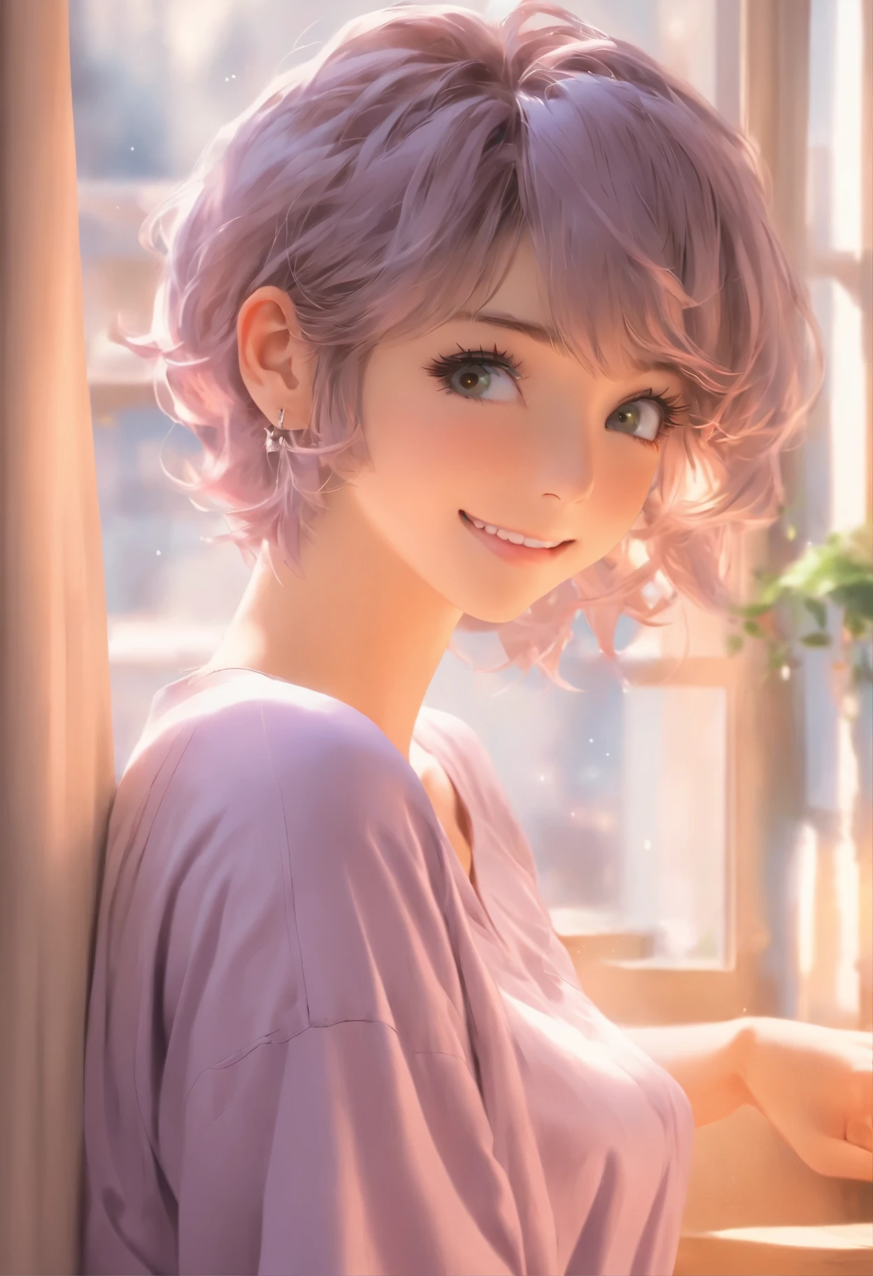 (Higher resolution, Clearly_image) best quality, A woman, masterpiece, Very detailed, Semi-realistic, 21 years old, fair, young, Handsome, t-shirt, Lilac shirt, Collar around the neck, Internal, modern room, window, wake up, morning, blush, Smile