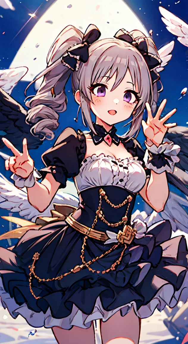 High Quality,Superior,Angelic,Radiant,Charming,Kawaii,Radiant Smile,peace fingers,Idol,idol stage,gothic costume,2 girls,Ranko kanzaki, Kiriko yukoku,