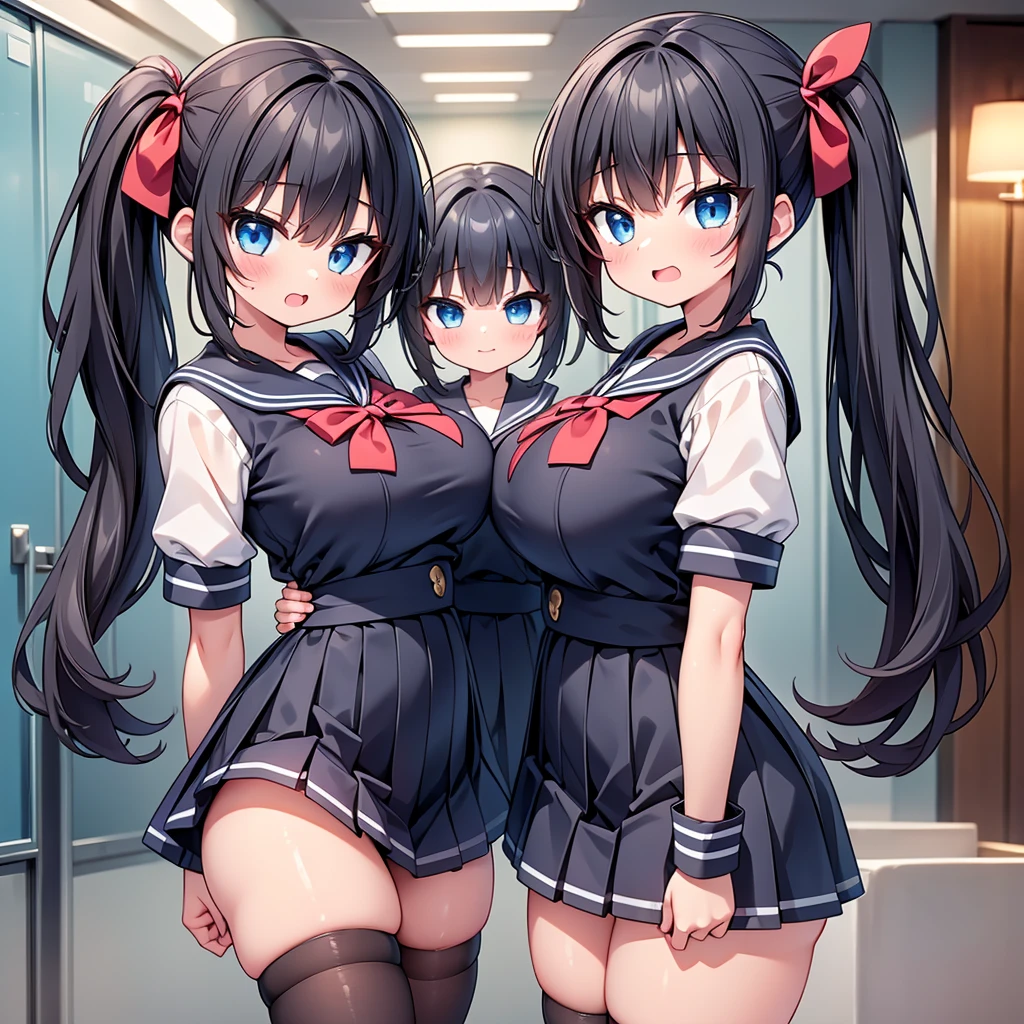 highest quality,wonderful,finely,extremely detailed CG Unity 8K wallpaper, (Stand in line:1.2), (3 girls, cute eyes, sailor uniform, clothed), (huge breasts), (open mouth:1.1), (long tongue:1.1), (mouth drool:1.1), (Black knee socks:1.1),(Thighs:1.3),(Waistline:1.3),(cleavage:1.2)