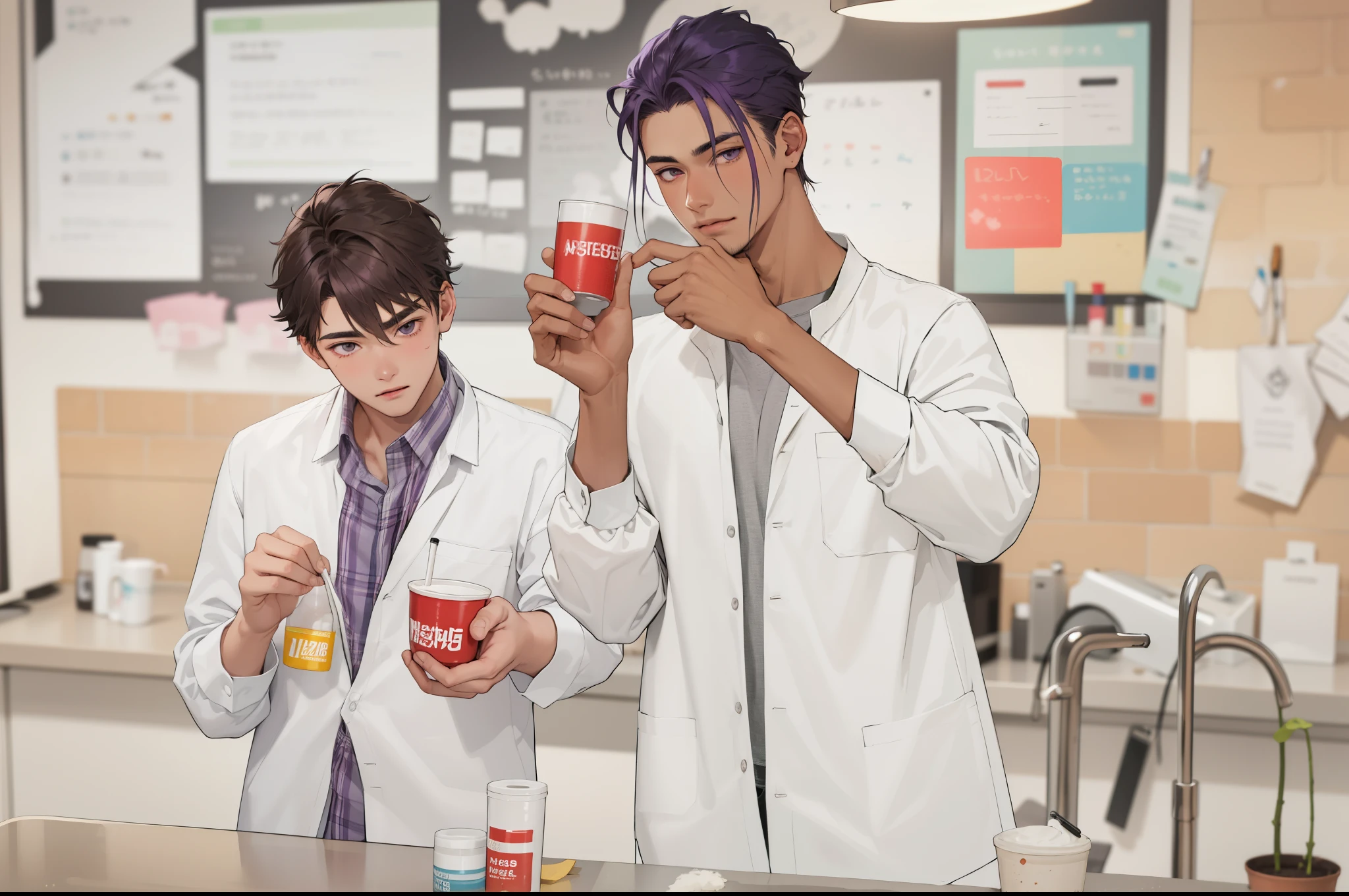 young handsome boy of 17 years old brown hair with a boy of 18 years old purple hair white skin